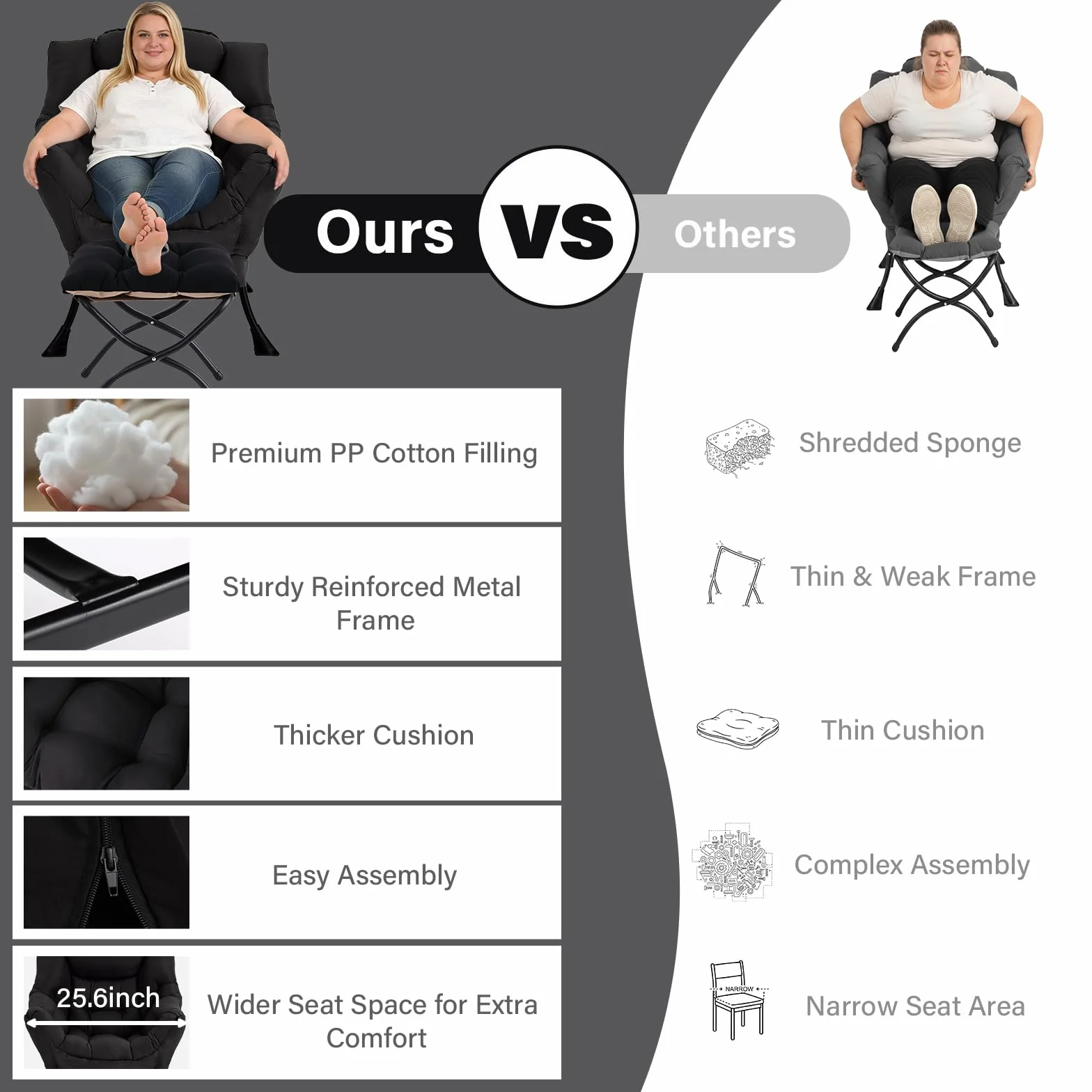 MBOOYOME Modern Lazy Chair with Ottoman, Comfy Accent Reading Chair, Black | Removable & Machine-washable Cover,with Armrests & Side Pockets,Upholstered Lounge Chair for Bedroom,Dorm,Office,Small Space