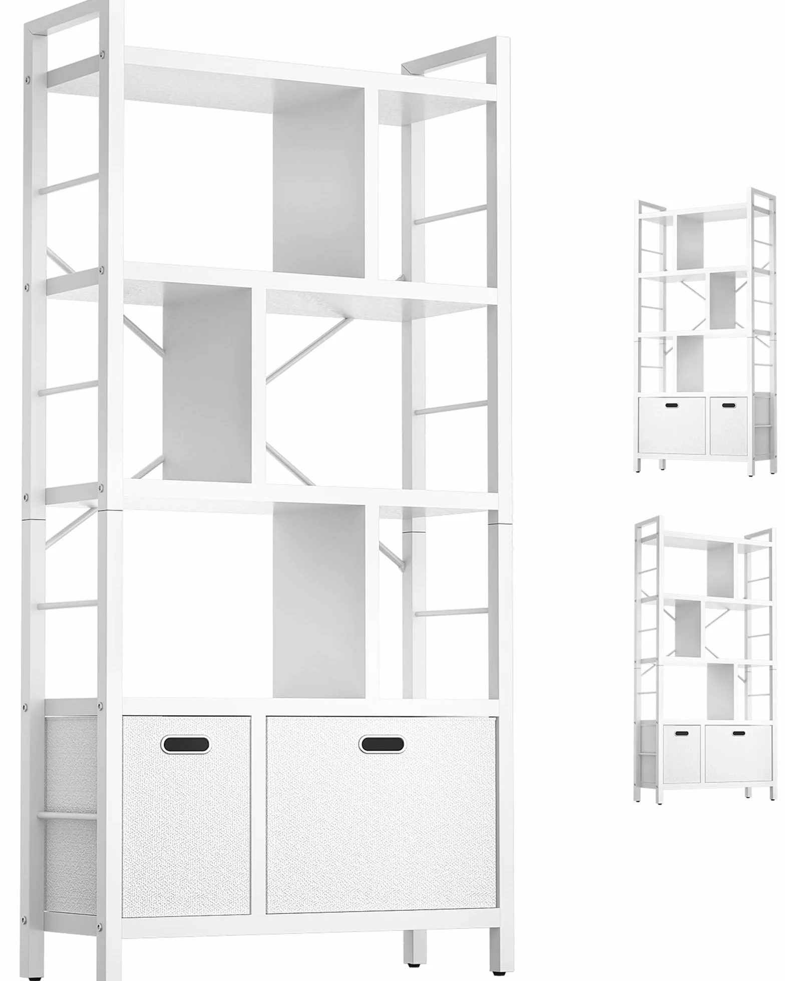 Bookshelf with Drawers - 5 Tier Tall Bookcase Geometric Modern Book Shelf Display Standing Bookshelves with Storage for Living Room, Bedroom Home Office, White