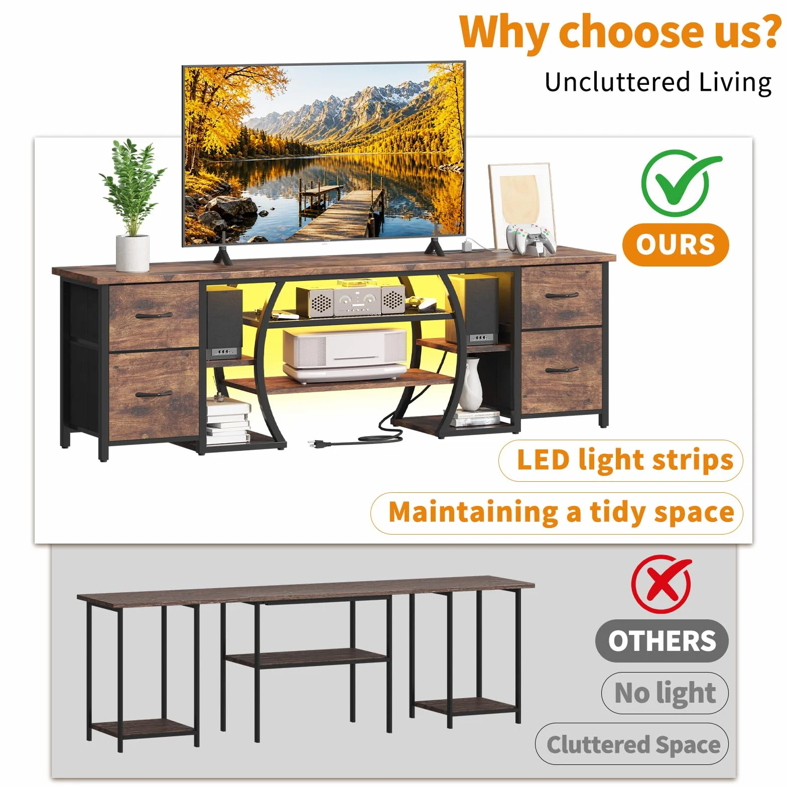 LED TV Stand for 65, 70, 80 Inch TV,71 Inch Industrial Entertainment Center with Power Outlets,Media Console Table with Open Storage Shelves & Fabric Drawers for Living Room Bedroom,Rusti Brown