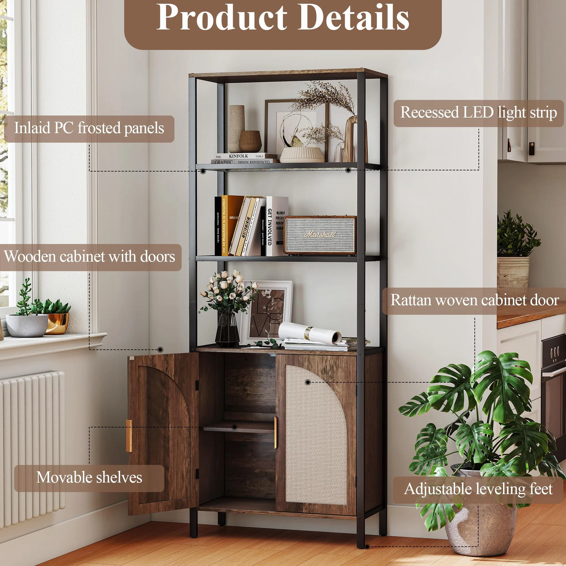 Turosur Rattan Bookshelf with Storage, Boho Bookcase with Wicker Doors, 71" Tall Book Shelf with LED Lights for Living Room, Brown