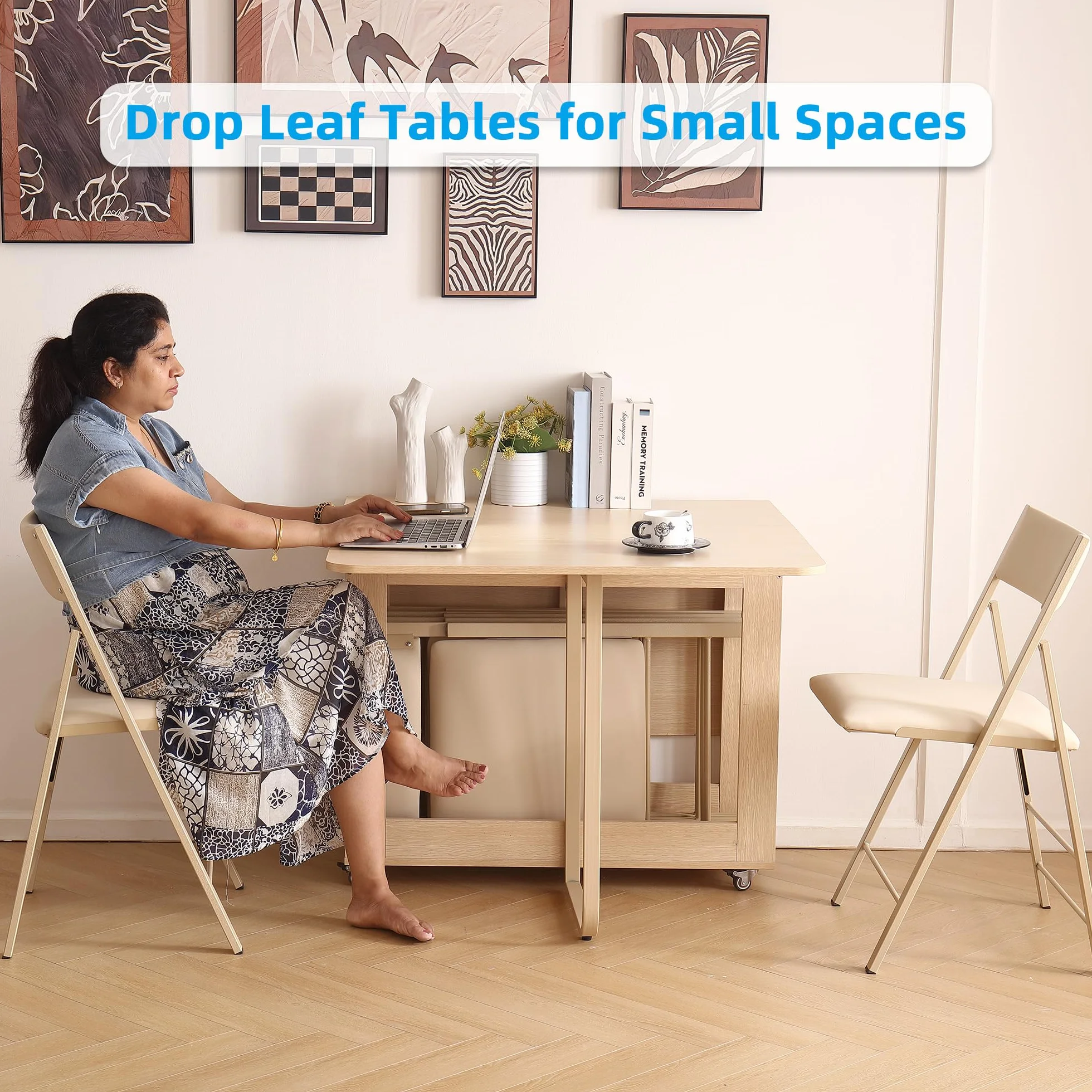 Folding Dining Table, 35.4" x 54.9" Expanded Drop Leaf Table for 4-6, Wood | 300lb Capacity, 2 Drawers, Lockable Wheels, Space-Saving Folding Kitchen Table for Dining Room/Apartments/RV/Home Office/Room