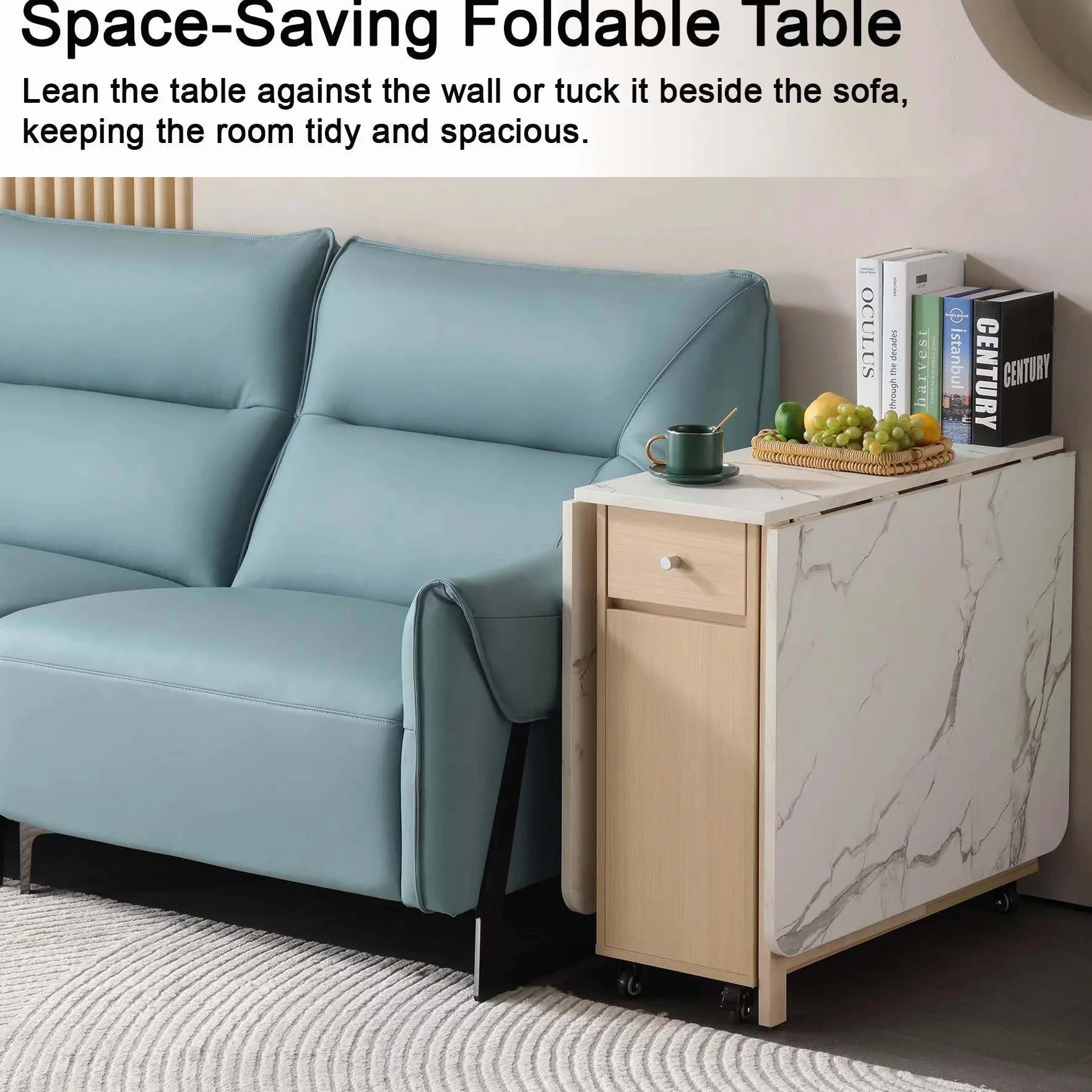 Drop Leaf Table Extendable, Foldable Kitchen Table Space Saving, Folding Dining Table with 2 Drawers and 4 Wheels, Dining Table for Living Room, Farmhouse， RV(Marble Wood)
