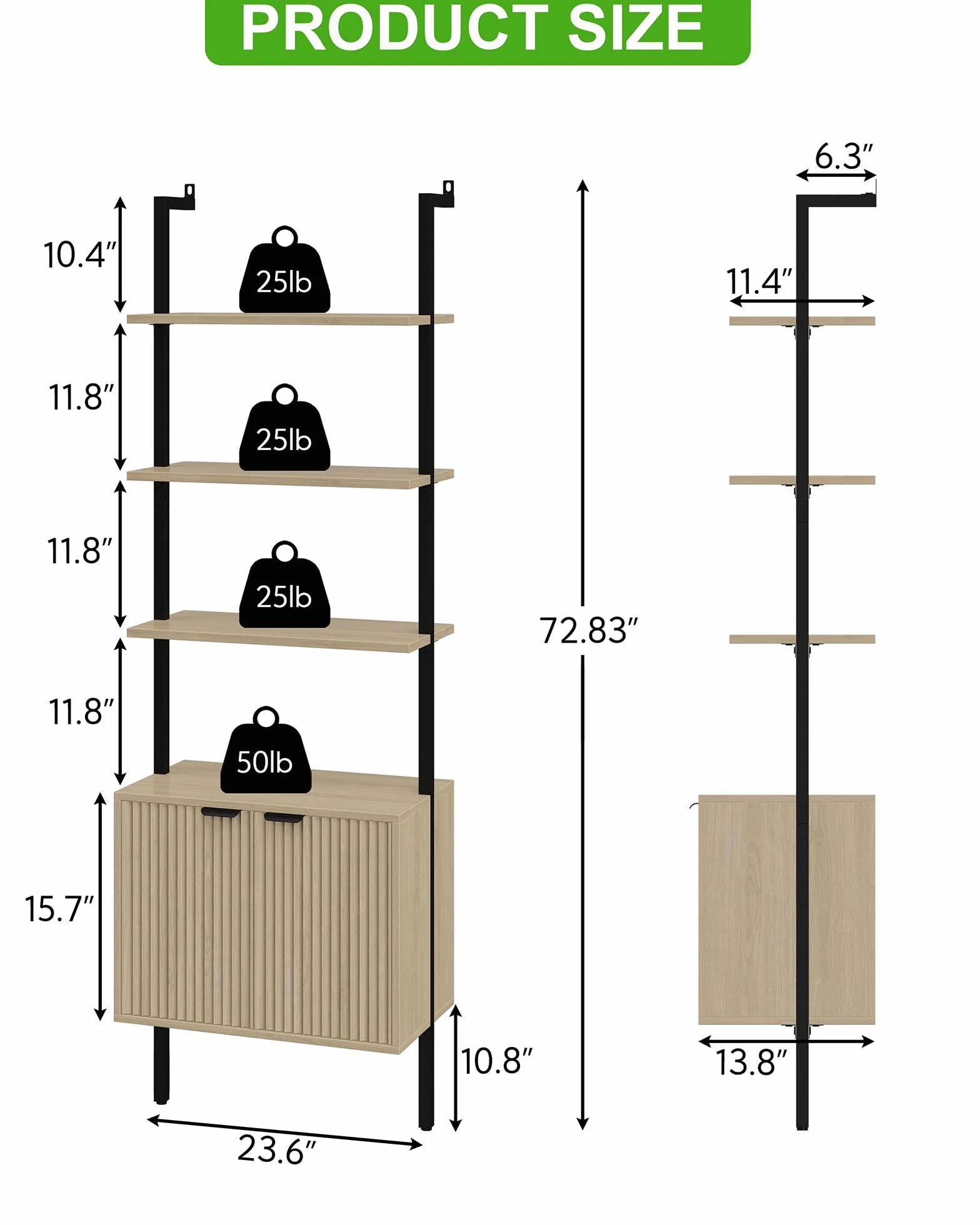 Yusong 73" Tall Bookshelf with Cabinet, Industrial Ladder Wall Mount Shelf Bookcase with Wood and Metal Frame, Plant Shelf Wall Storage Display for Living Room Bedroom, Wavy Light Ivory