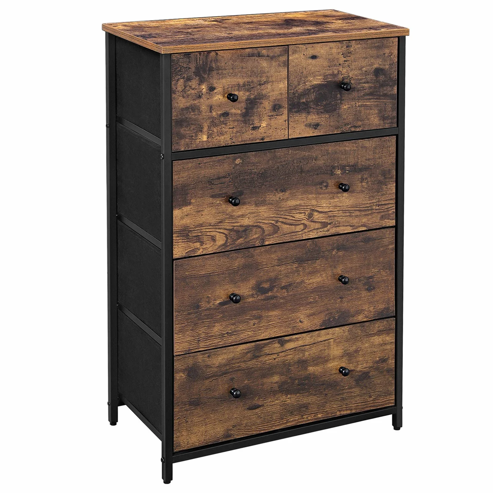 SONGMICS Drawer Dresser, Storage Dresser Tower with 5 Fabric Drawers, Wooden Front and Top, Industrial Style Dresser Unit, for Living Room, Hallway, Nursery, Brown and Black ULGS45H