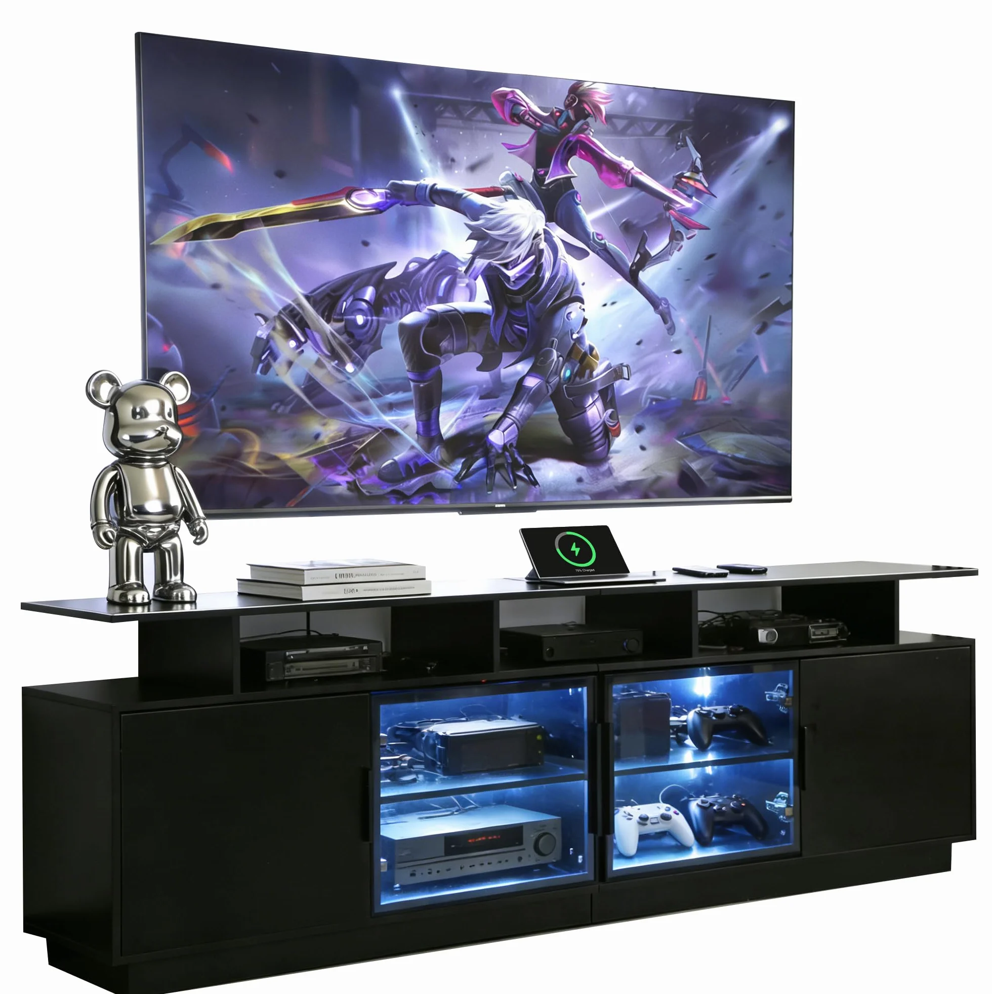 70-Inch Black TV Cabinet,Equipped with A USB Charging Strip,6 Large Storage Spaces,2 Glass Doors with Built-in Ambient Lighting,Serving as A Media and Entertainment Cabinet