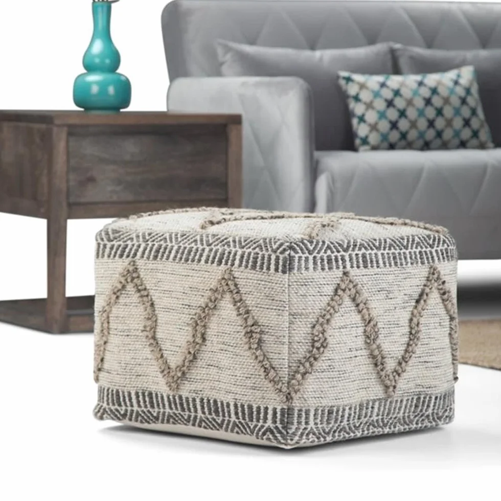 SIMPLIHOME Zoey 18" Wide Cube Pouf in Maroon Cotton and Wool