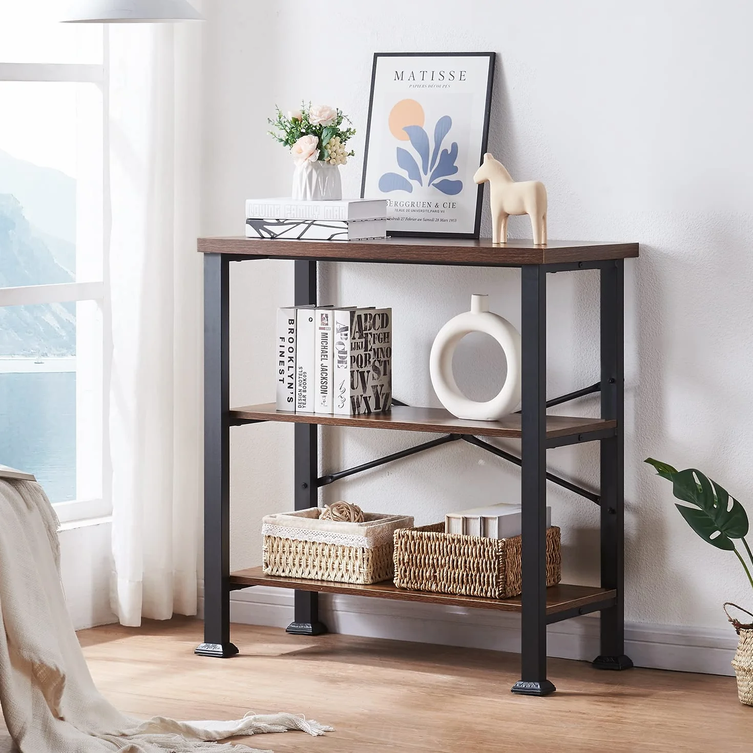 Hombazzar 3 Tier Book Shelf,31.5" Wide Rustic Brown Short Bookshelf | Multipurpose Design for Living Room,Office,Bedroom. Retro Industrial Design,Stability,Adjustable Feet,Easy Assembly