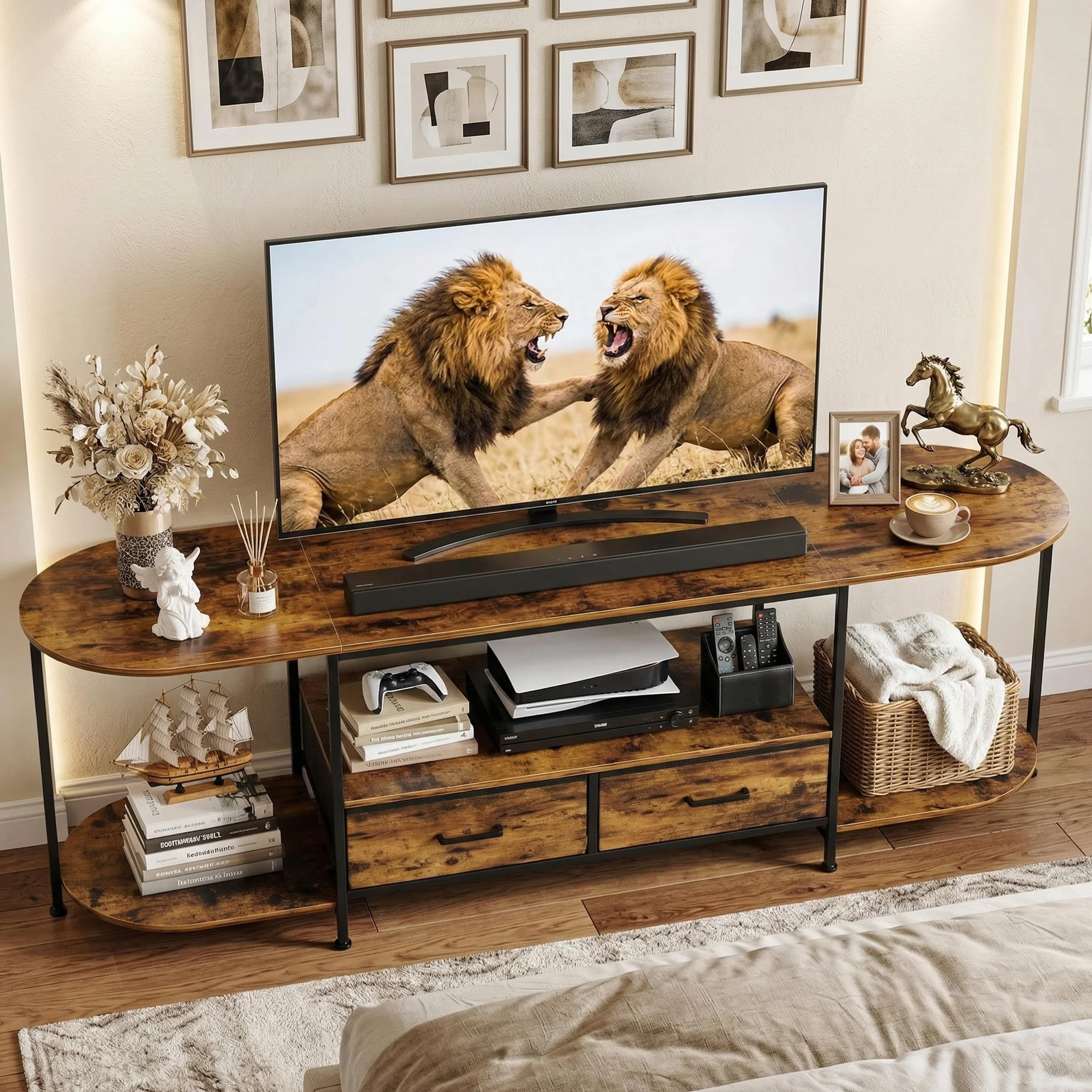 Faesun 63" TV Stand for TVs up to 75 Inches, Curved Edge Media Console & Entertainment Center with 2 Fabric Drawers, Modern TV Console Table for Living Room or Bedroom, Rustic Brown