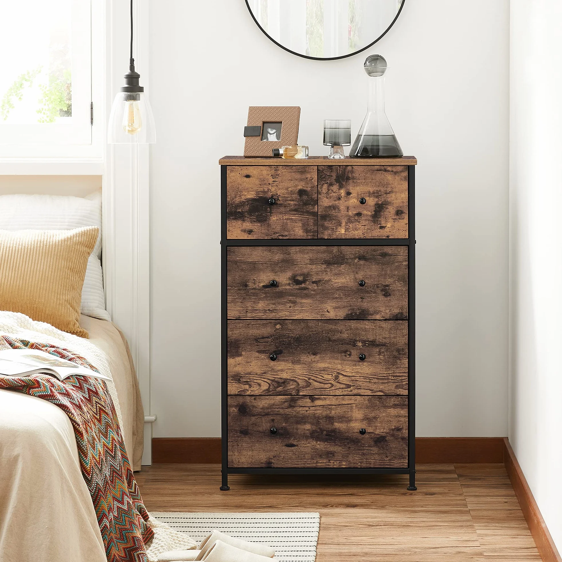 SONGMICS Drawer Dresser, Storage Dresser Tower with 5 Fabric Drawers, Wooden Front and Top, Industrial Style Dresser Unit, for Living Room, Hallway, Nursery, Brown and Black ULGS45H