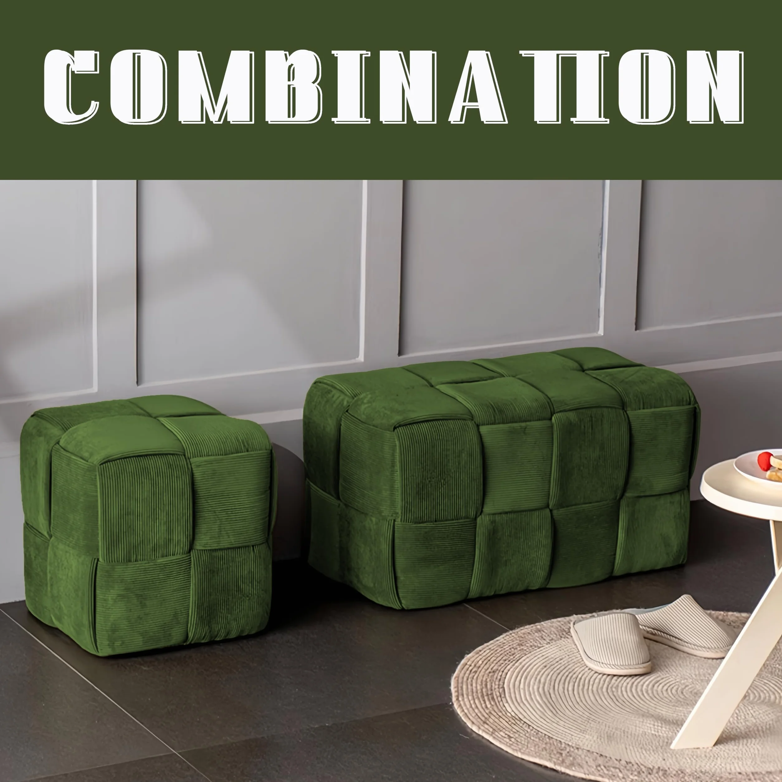 Cmishe 28" Rectangular Woven Corduroy Ottoman Footrest - Large Modern Entryway Bench & Bed End Stool, Sturdy Wood Frame, No Assembly (Green-L)