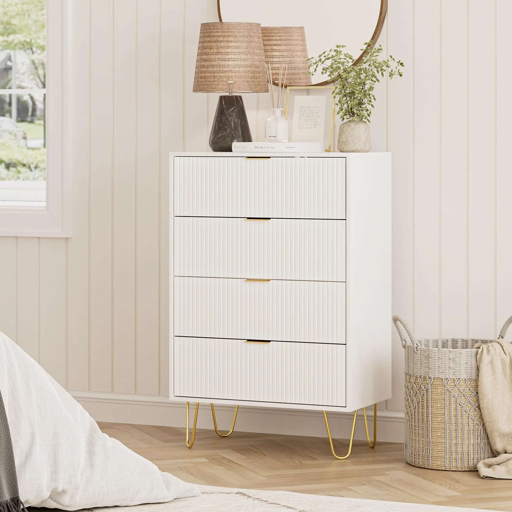 Masupu 4 Drawer Dresser, Drawer Chest, Tall Storage Chest Cabinet Organizer Unit with Metal Legs, Small Dresser for Bedroom, Living Room, Closet, Hallway White Stripe