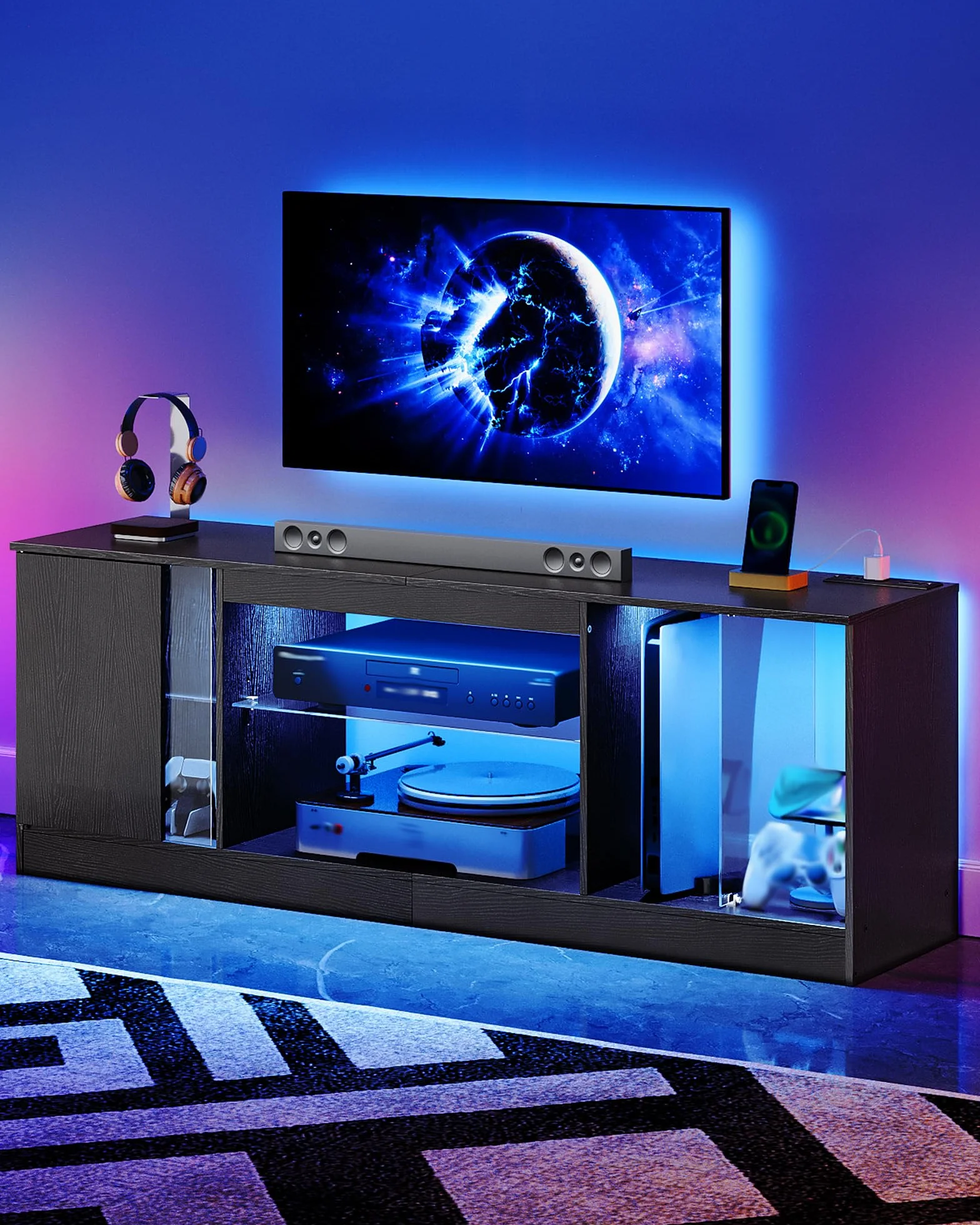 TV Stand with Power Outlets 55 65 inch, Modern Entertainment Center with Multi-Color LED Light, Media TV Console with Adjustable Glass Shelves for Living Room Black MDS01UDBB