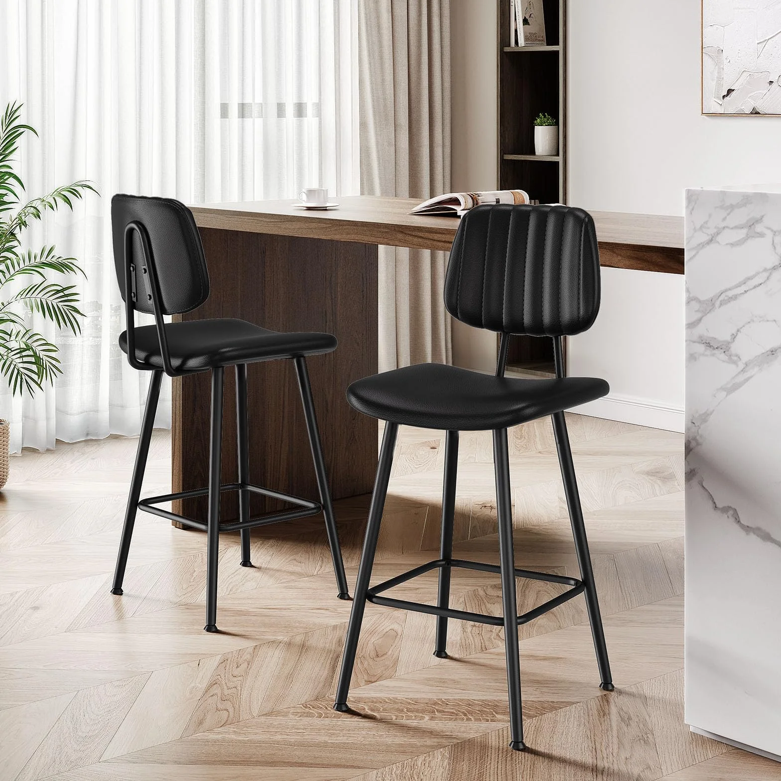 Raynesys 24-Inch Leather Bar Stools Set of 2 with High Backrest, Black | Faux Leather, Counter Height Barstools, Heavy Duty Metal Legs, With Footrest, For Kitchen Island