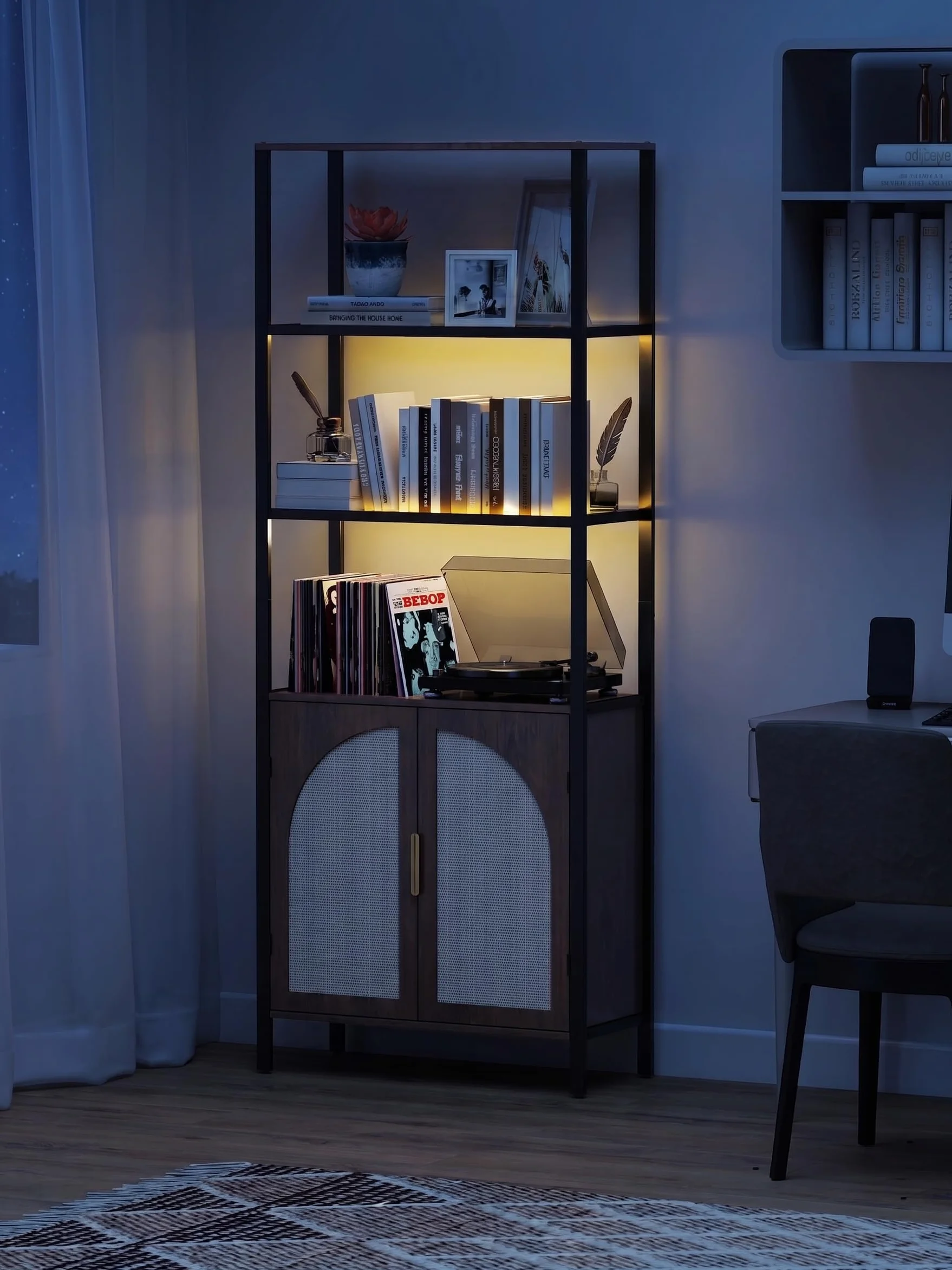 71" Tall Rattan Bookcase with LED Light, 3 Open Shelves & 2 Door Storage Cabinet, Mid Century Boho Bookshelf, Open Display Bookcase for Living Room, Home Office, Bedroom