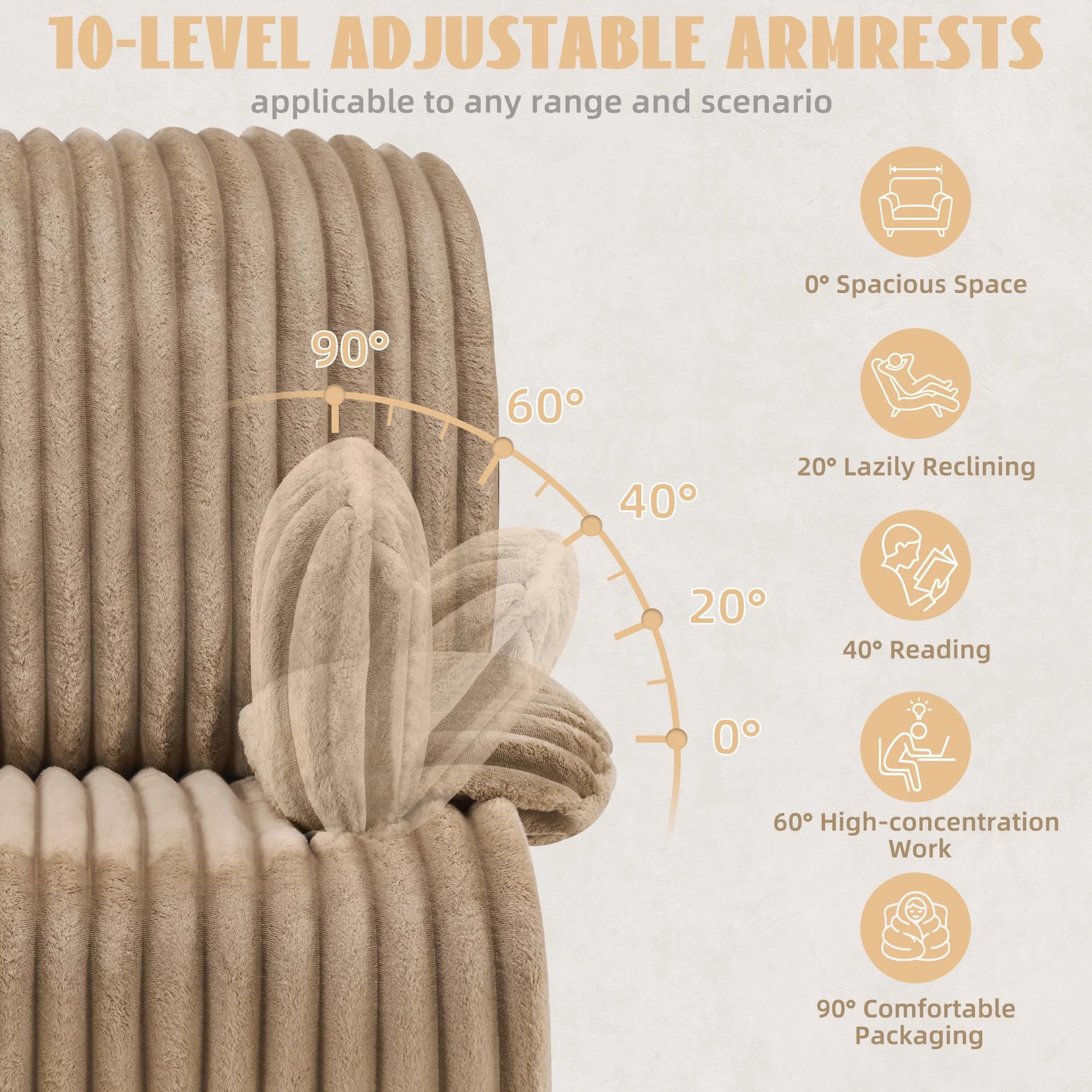 GRAINELL Oversized 40" Swivel Recliner Nursery Rocking Chairs, Khaki | Wide Stripe Fabric Glider Recliner for Adults Living Room Chairs with with Adjustable Armrests & 360° Rotation