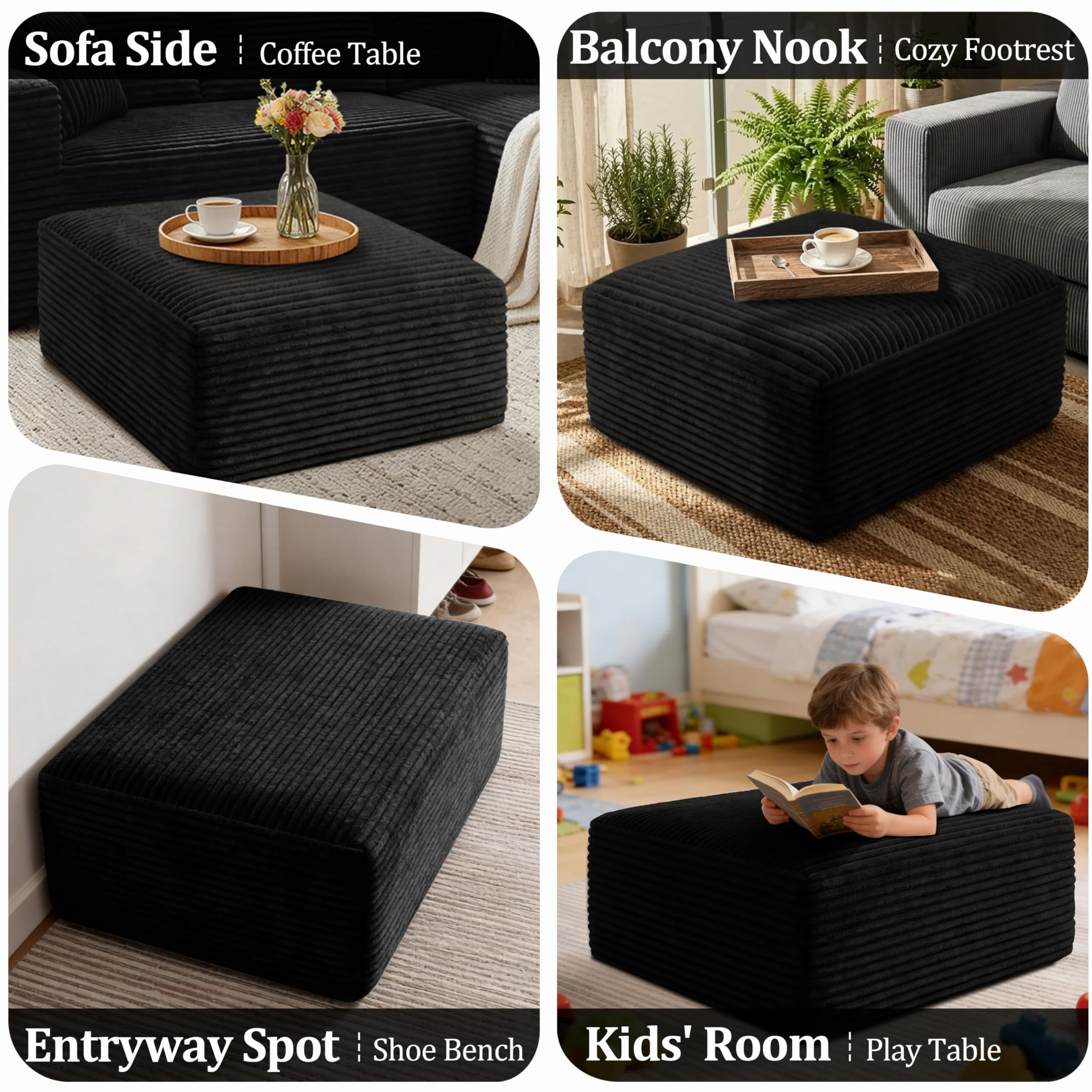 Corduroy Ottoman, Modern Boneless Cloud Foot Rest Foam Support, Oversized Modular Sectional Sofa Stool for Living Room, Bedroom & Small Spaces, No Assembly Required (Black, Ottoman)