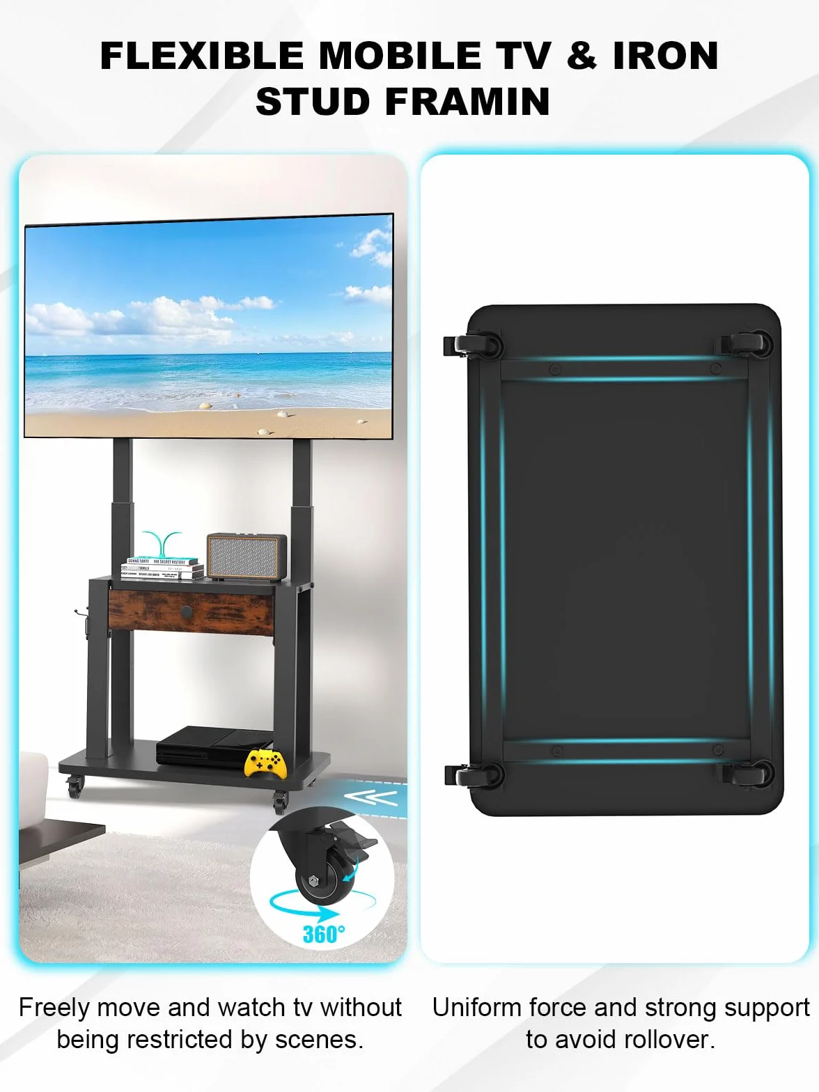 Rolling TV Stand with Fabric Drawer Storage for 32-75 Inch Flat/Curved Screen up to 220lbs LCD/LED/OLED Adjustable Height Mobile TV Cart with Wheels for Home Office Outdoor Max VESA 600x400mm