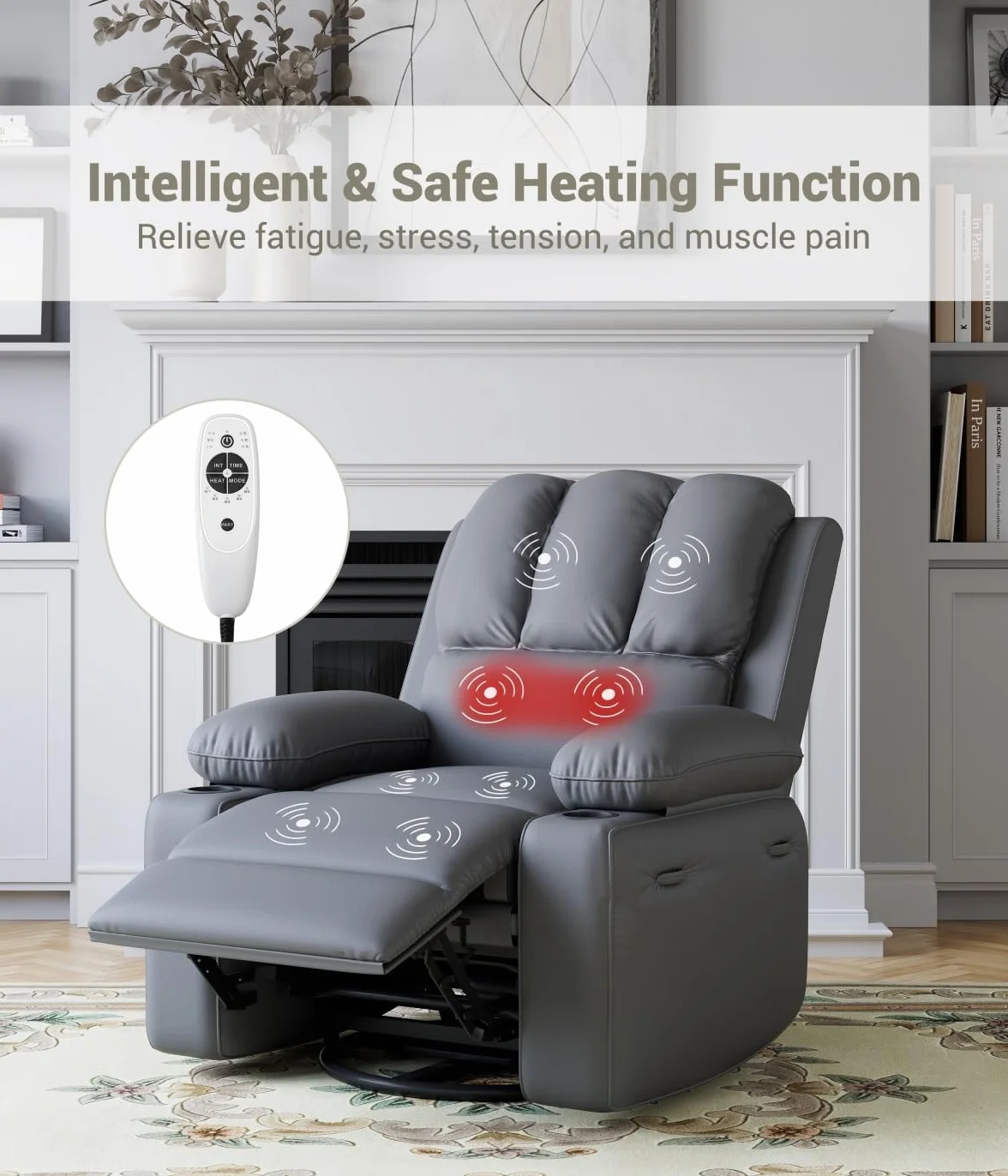 GarveeHome Oversized Recliner Chairs with Heat and Massage - 360° Swivel Lazy Recliner Chair for Adults- Manual Recliner Chair with Cup Holder for Living Rooms, Bedrooms and Nurseries - Grey