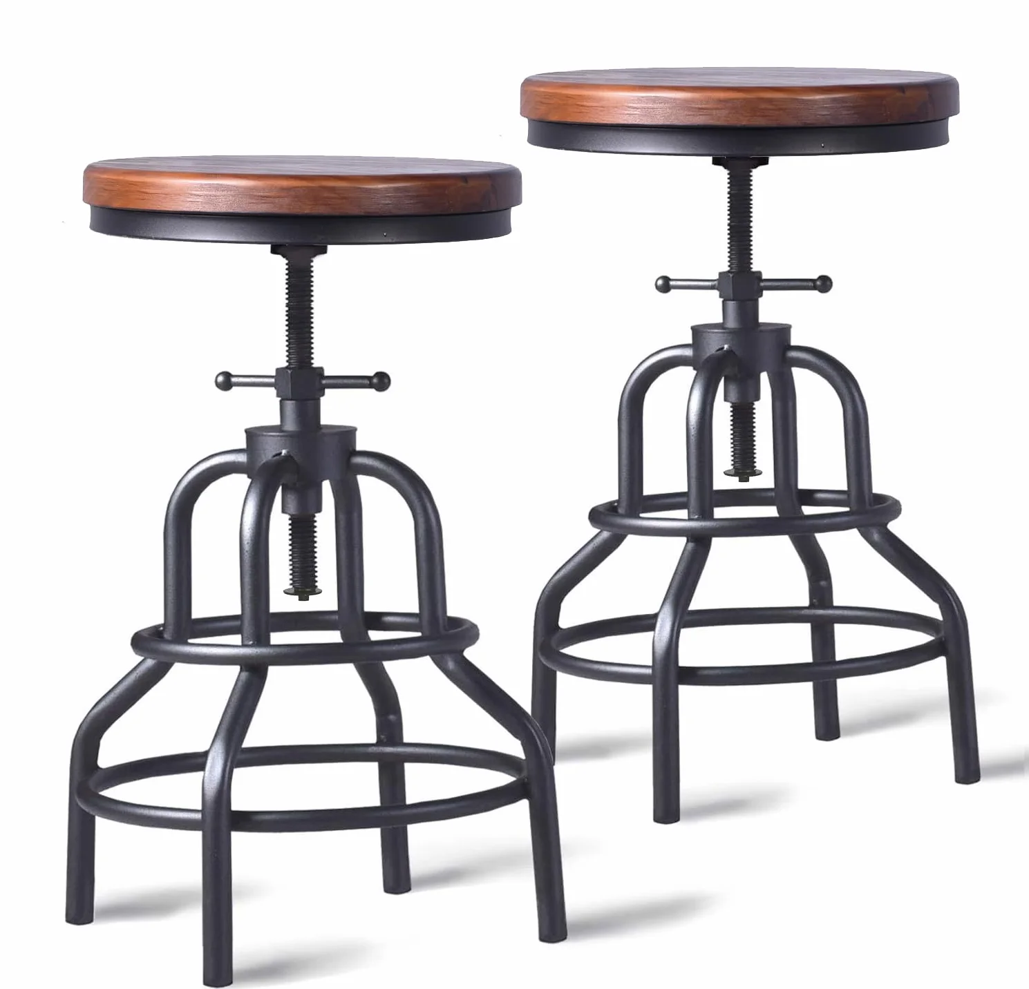 Vintage Industrial Bar Stool-Rustic Swivel Barstools-Round Wood Metal Base-Kitchen Counter Height Adjustable Pipe Stool-Cast Steel Chairs 20-27 Inch (Set of 2)