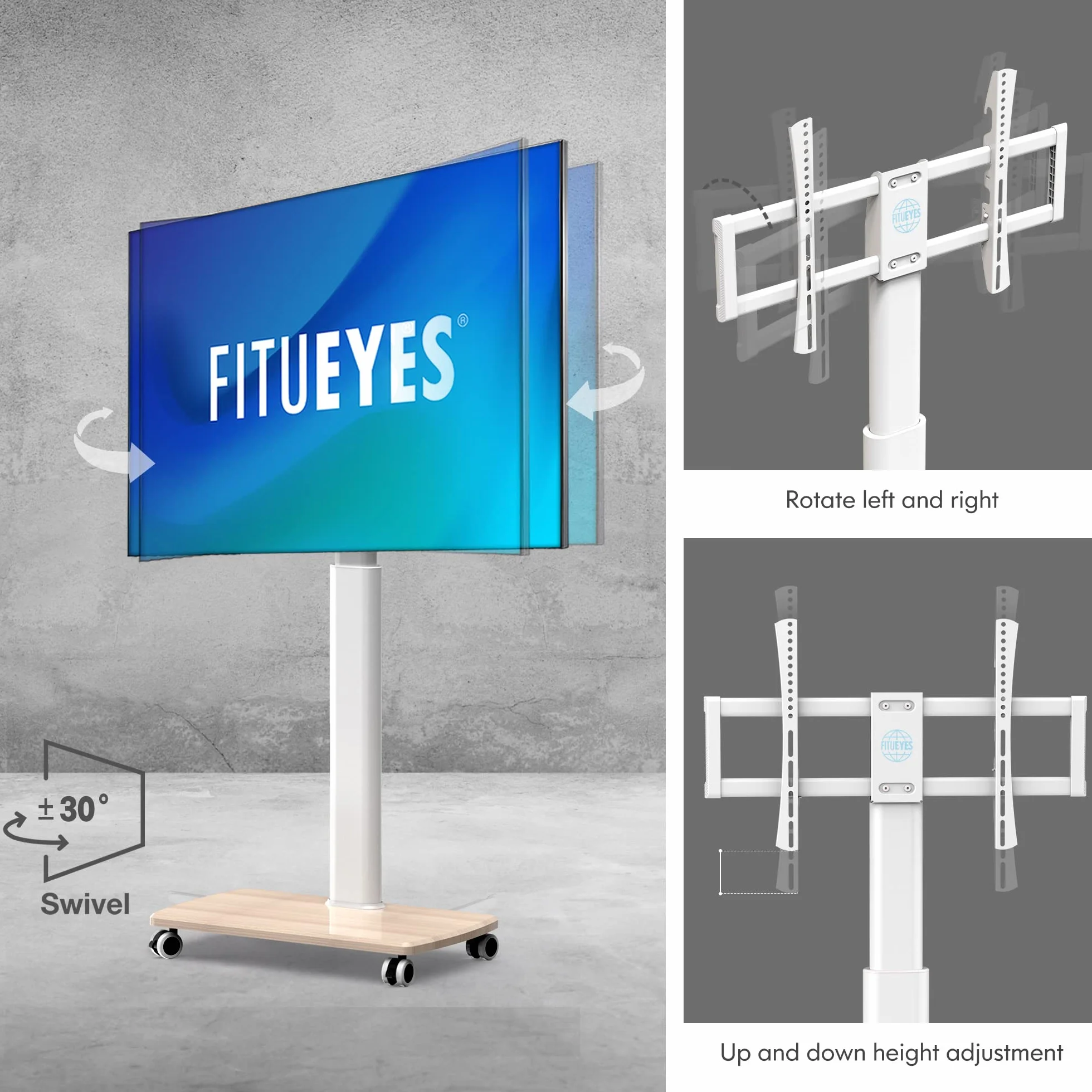 FITUEYES Rolling TV Stand for 32 to 65 70 Inch TVs, Portable Mobile TV Cart on Wheels, Tall Universal TV Floor Stands with Swivel Mount, Fit Corner, Bedroom, Living Room, Small Dorm (White)