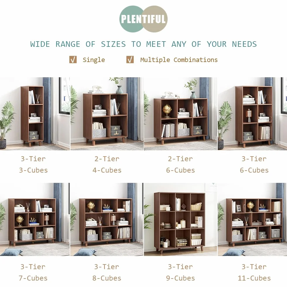 IOTXY Open Cubes Low Bookcase - 2-Tier 4-Cube Short Bookshelf in Walnut | Nordic Minimalist Style, MDF Material, Solid Wood Legs, Deep Storage Cubes, Free Standing Wooden Cabinet Organizer Unit