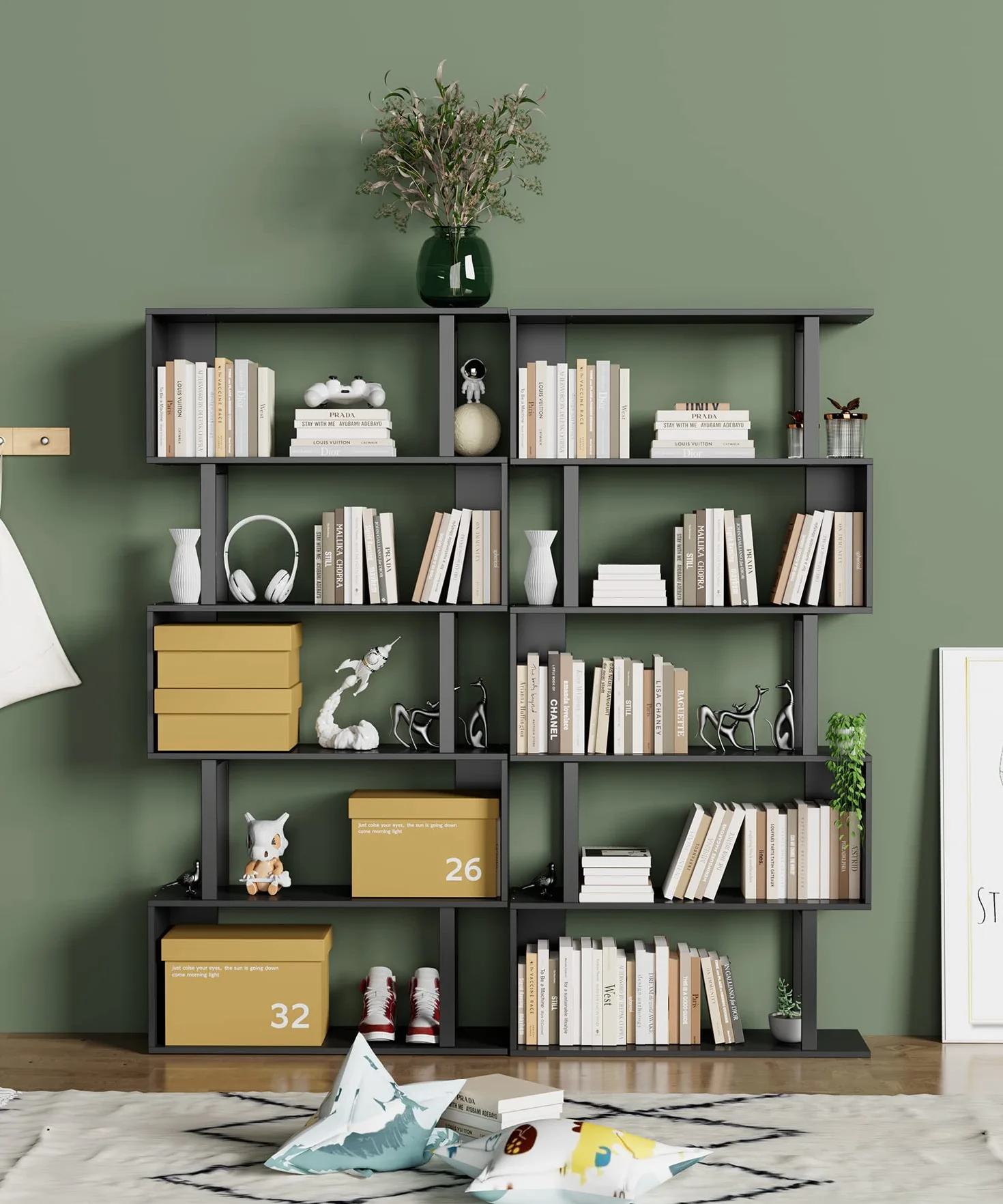 5-Tier Geometric Bookcase,S Shaped Bookshelf, Wood Decorative Storage Shelving, Modern Freestanding Display Shelves, Tall Book Shelf Unit for Living Room Bedroom, Black