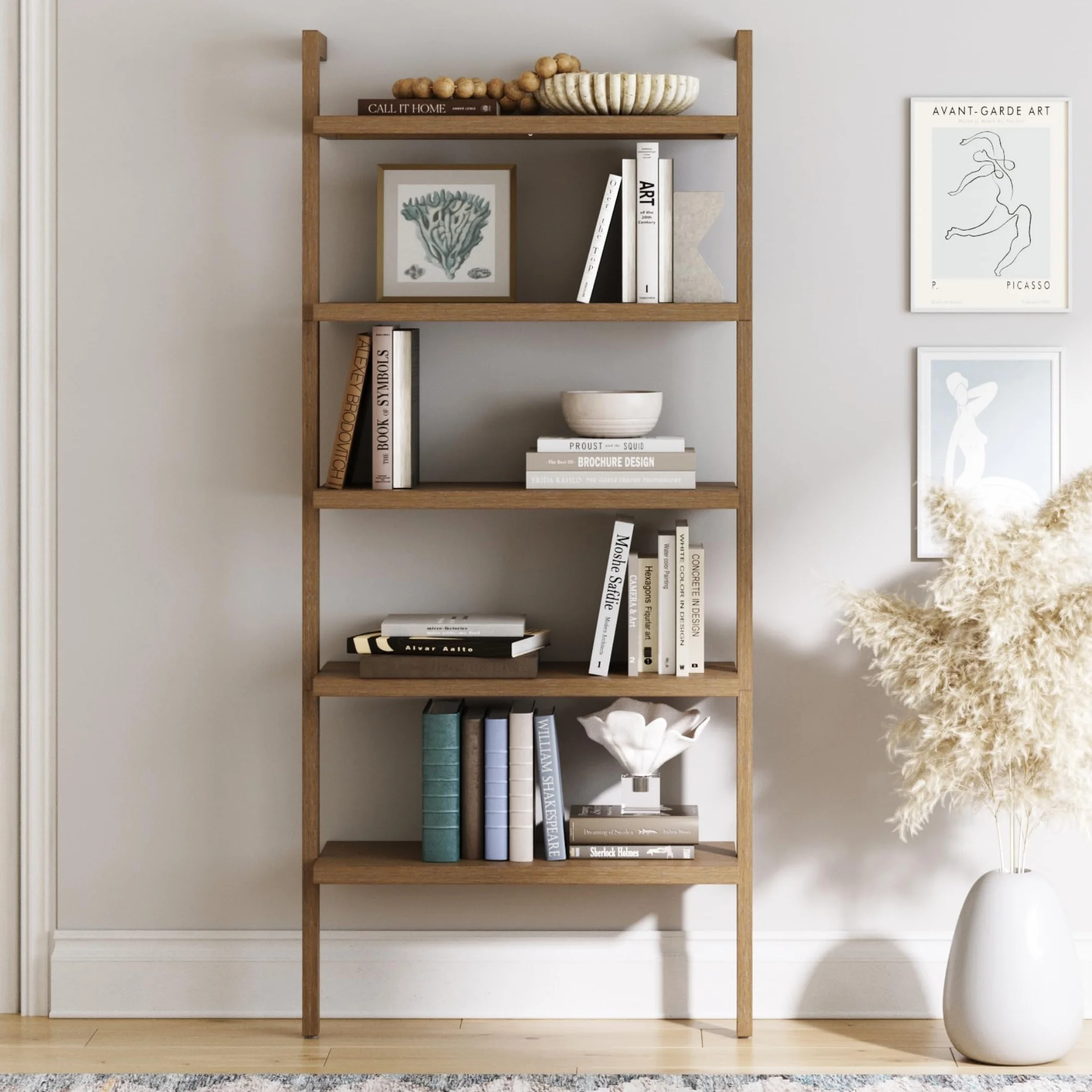 Nathan James Beacon 5 Tier Bookshelf, Wall Mounted Bookcase, Solid Wood Bookshelf in Wire Brushed Finish, Boho Rustic Bookcase