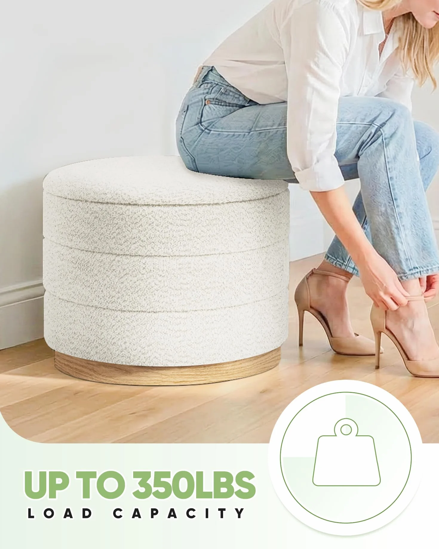 B FSOBEIIALEO Round Storage Ottoman with Tray, Folding Ottoman with Storage Coffee Table Foot Rest for Dorm Room Living Room Chenille Fabric,Wood-Grain Leather Base,White,22.83"x22.83"x17.32"