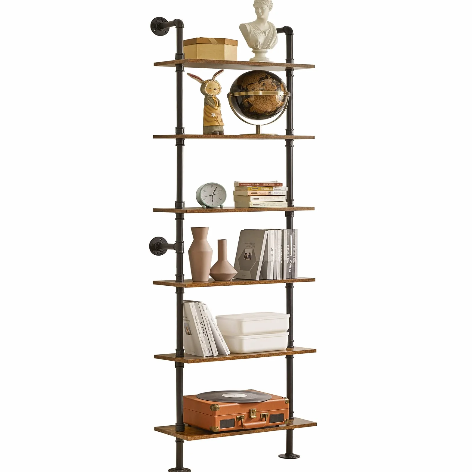 YMYNY Industrial Pipe Ladder Shelf, 6-Tier Wall Mounted Bookcase with Metal Frame, 78.7" Open Bookshelf, Multifunctional Storage Rack for Home Office, Living Room, Plant Stand, Rustic Brown, RF-TM018