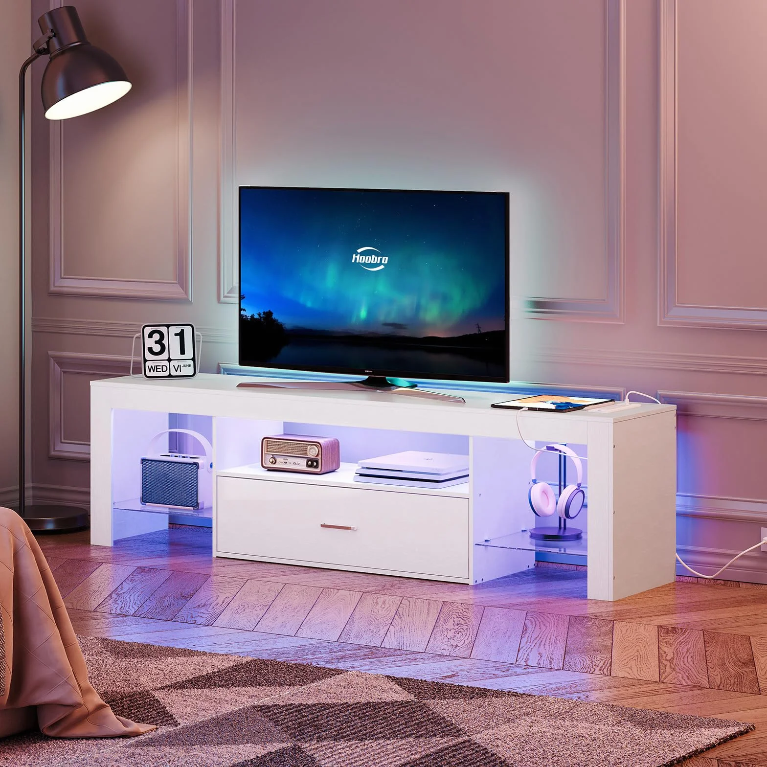 HOOBRO LED TV Stand with Power Outlets to 65 inch TV, Gaming Entertainment Center with Glass Shelves and Large Drawer, Modern Media TV Console Table for Living Room Bedroom, White WT14UDDS01