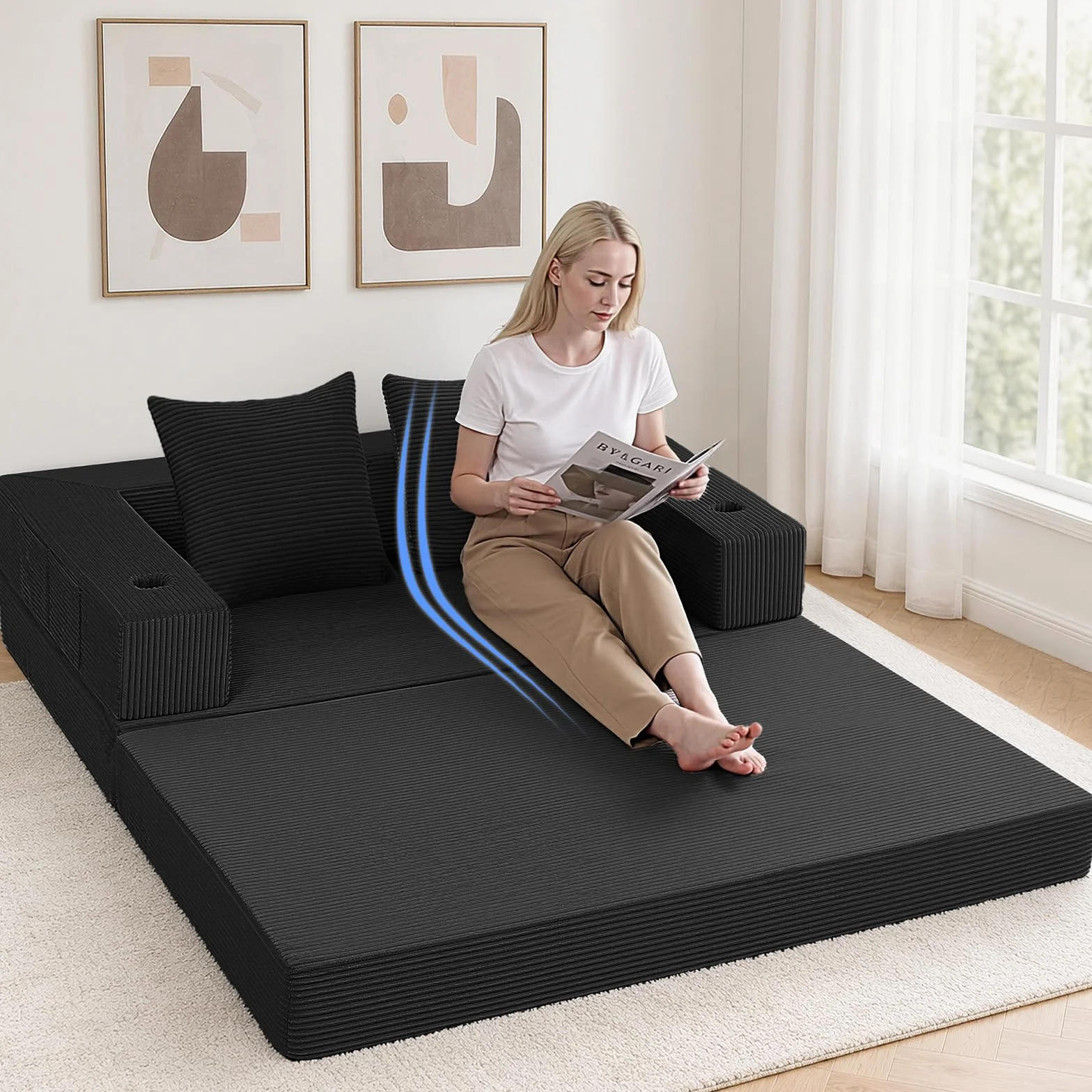 COMAX Futon Sofa Bed, Convertible Sofa Bed, Folding Boneless Couches | Low-Profile Boneless Couch for Living Room, 11.8" H Low Seat Small 59" Foldable Floor Sleeper Mattress Lounge Space‑Saving