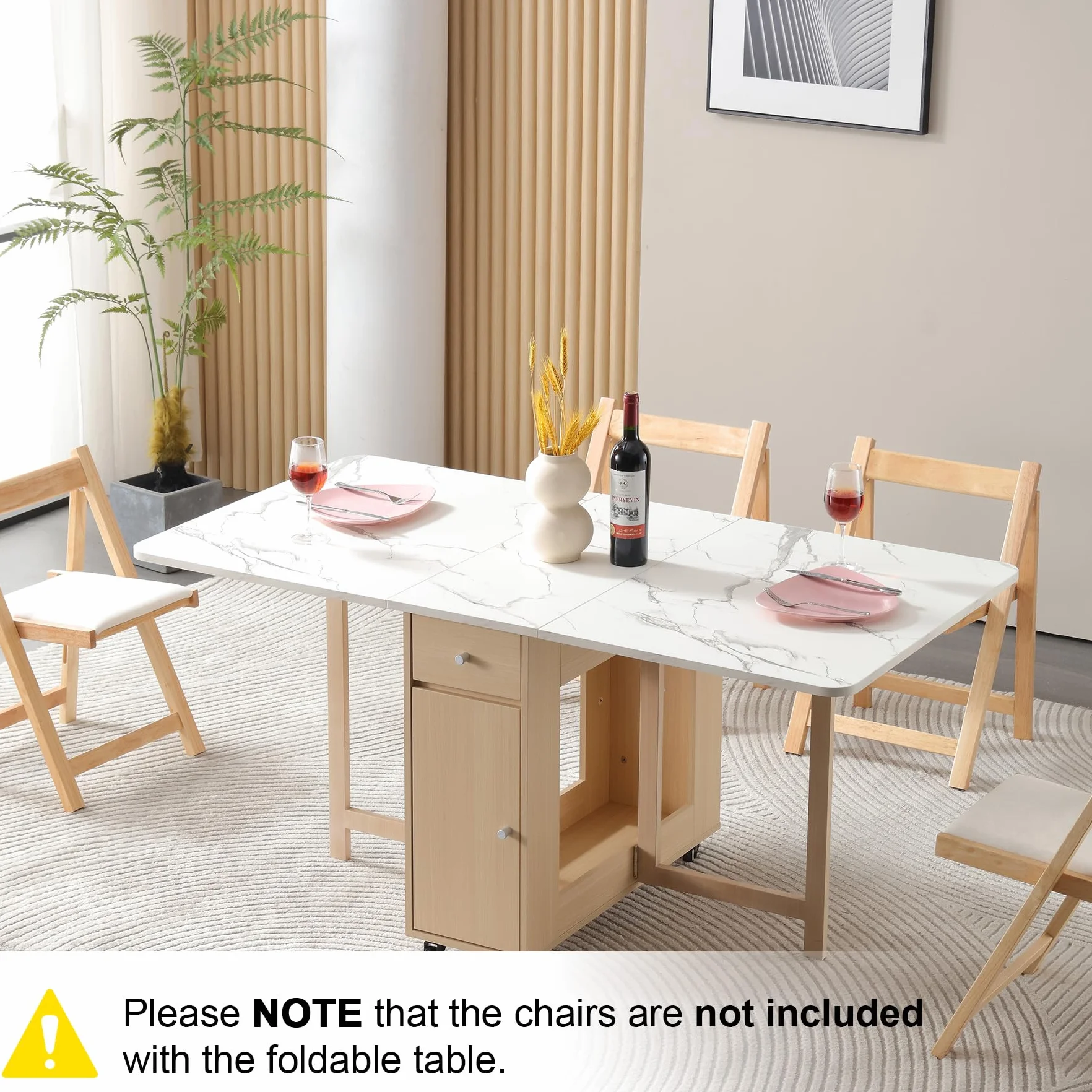 Drop Leaf Table Extendable, Foldable Kitchen Table Space Saving, Folding Dining Table with 2 Drawers and 4 Wheels, Dining Table for Living Room, Farmhouse， RV(Marble Wood)