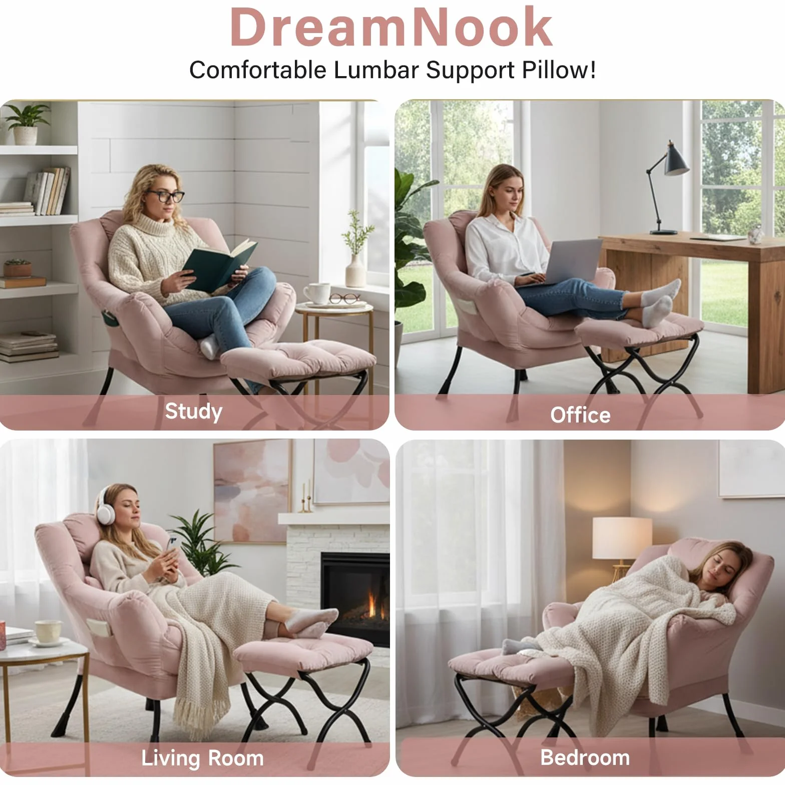Lazy Chair with Ottoman, Velvet Reading Chair with Pillow，Pink | Comfy Accent Lounge Chair with Pillow & folding Foot Stool, sturdy metal frame for bedroom, dorm or apartment, Living Room