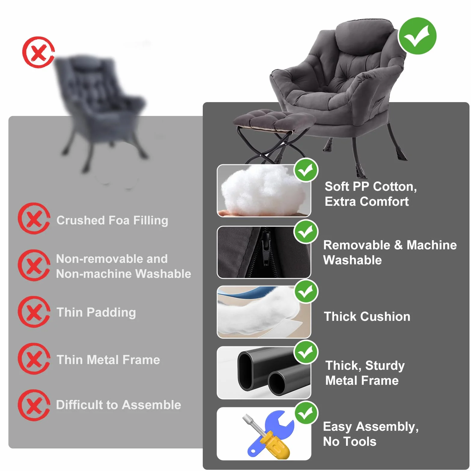 Furlide Lazy Chair with Ottoman, Modern Chair with Folding Footrest, Dark Grey Accent Chair, Comfortable Reading Chair, Oversized Armchairs for Bedroom, Study, Living Room, Courtyard | Accent Lounge Chair with folding Foot Stool, Removable Washable Cover