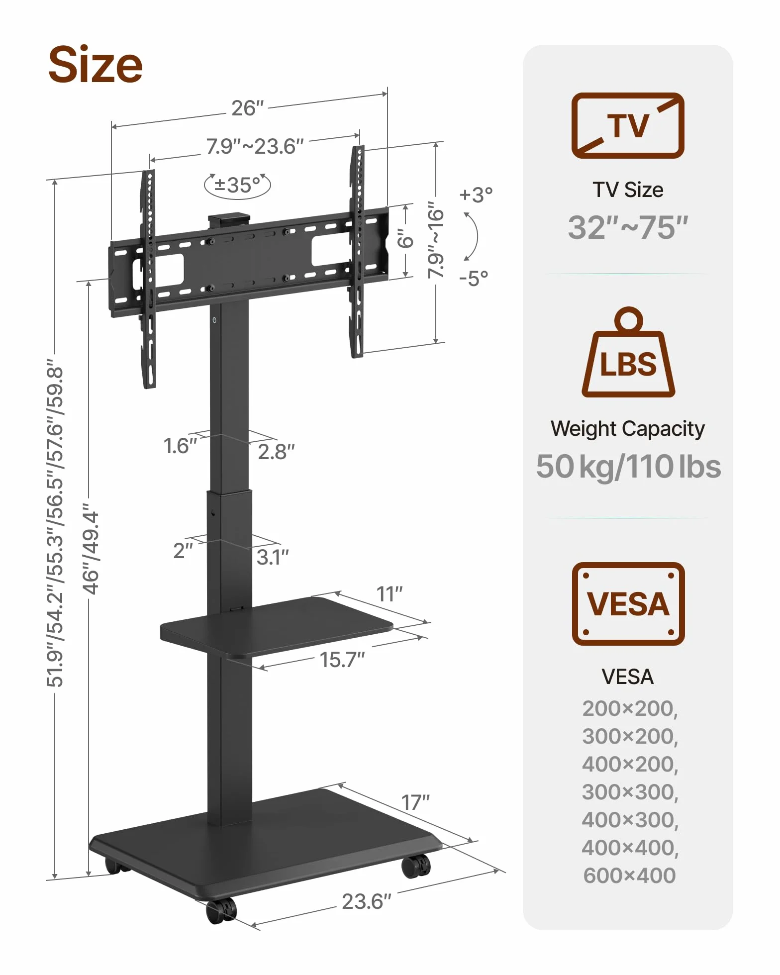 Steel Base Rolling TV Stand for 32-75 inch TVs up to 110 lbs, Black | Leveling&Tilt&Swivel Mobile TV Stand, Hidden Wire Management, Height Adjustable Portable TV Stand, Large Storage,Steel Shelf