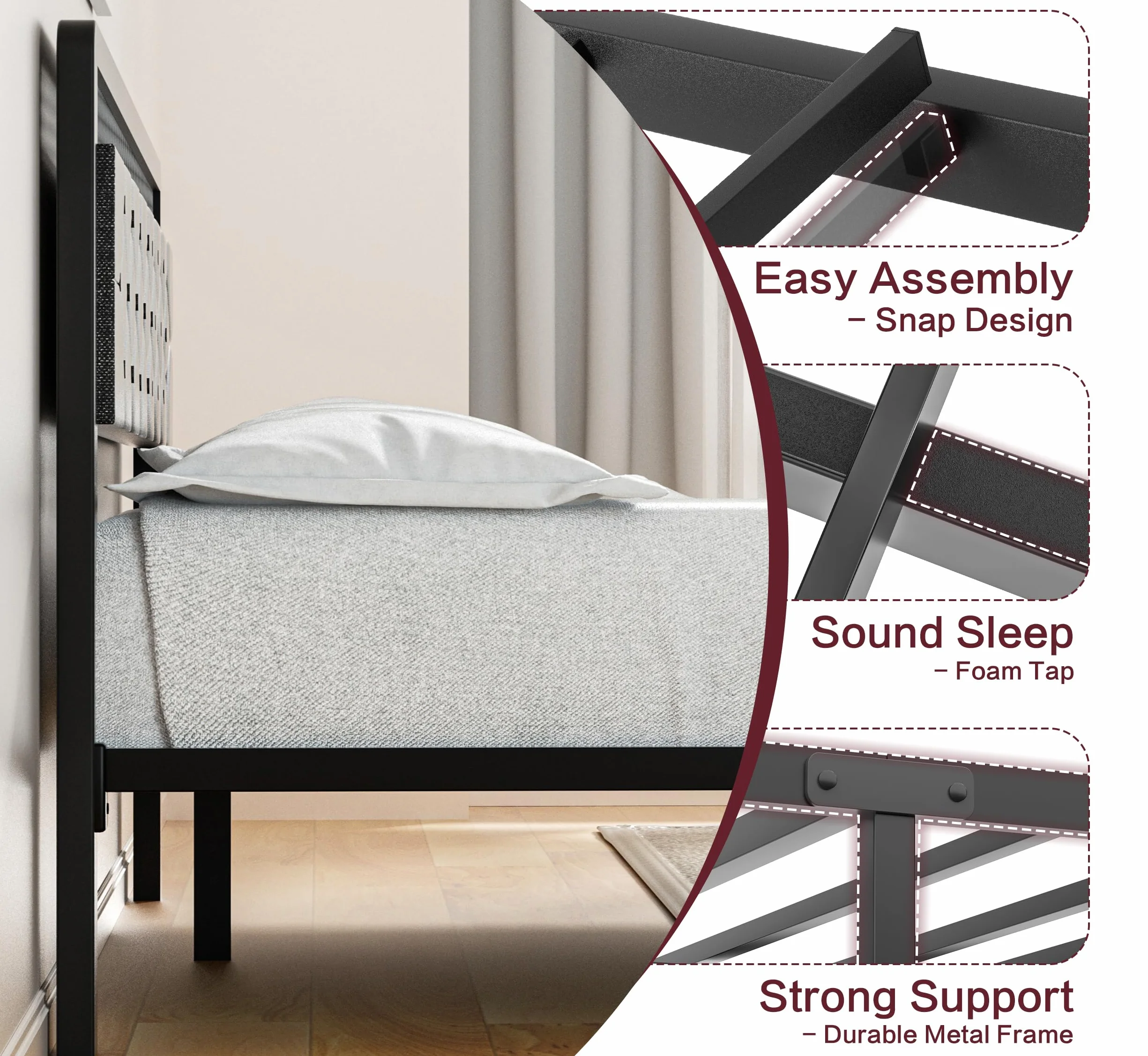 Queen Size Bed Frame with 2 Drawers, Upholstered Platform Bed Frame Queen with Led Light, Metal Platform Bed, Easy Assembly, No Box Spring Needed, Grey
