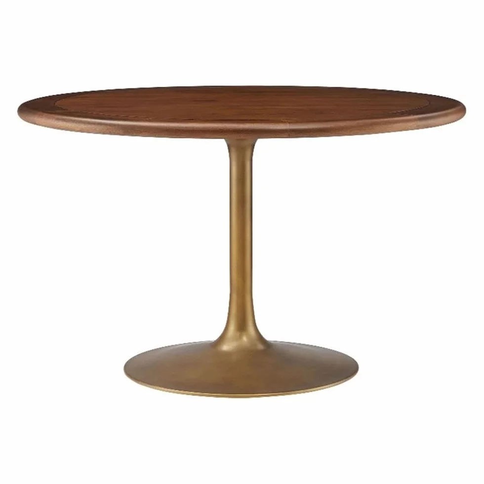Modway Lippa 48 Inch Round Wood Dining Table with Metal Pedestal in Brass Walnut - Modern Industrial Dining Table for 4 People - Solid Wood Tulip Kitchen Table