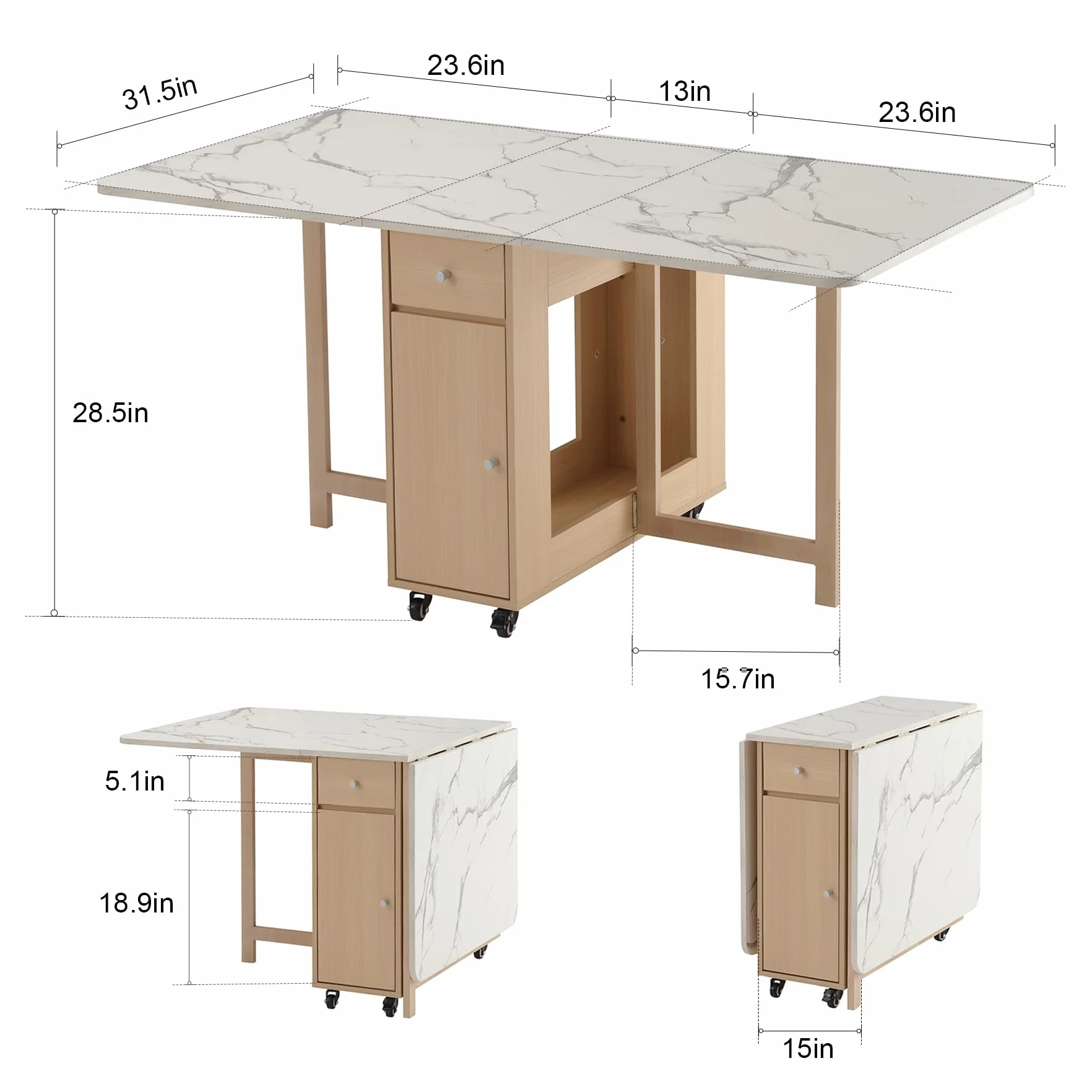 Drop Leaf Table Extendable, Foldable Kitchen Table Space Saving, Folding Dining Table with 2 Drawers and 4 Wheels, Dining Table for Living Room, Farmhouse， RV(Marble Wood)