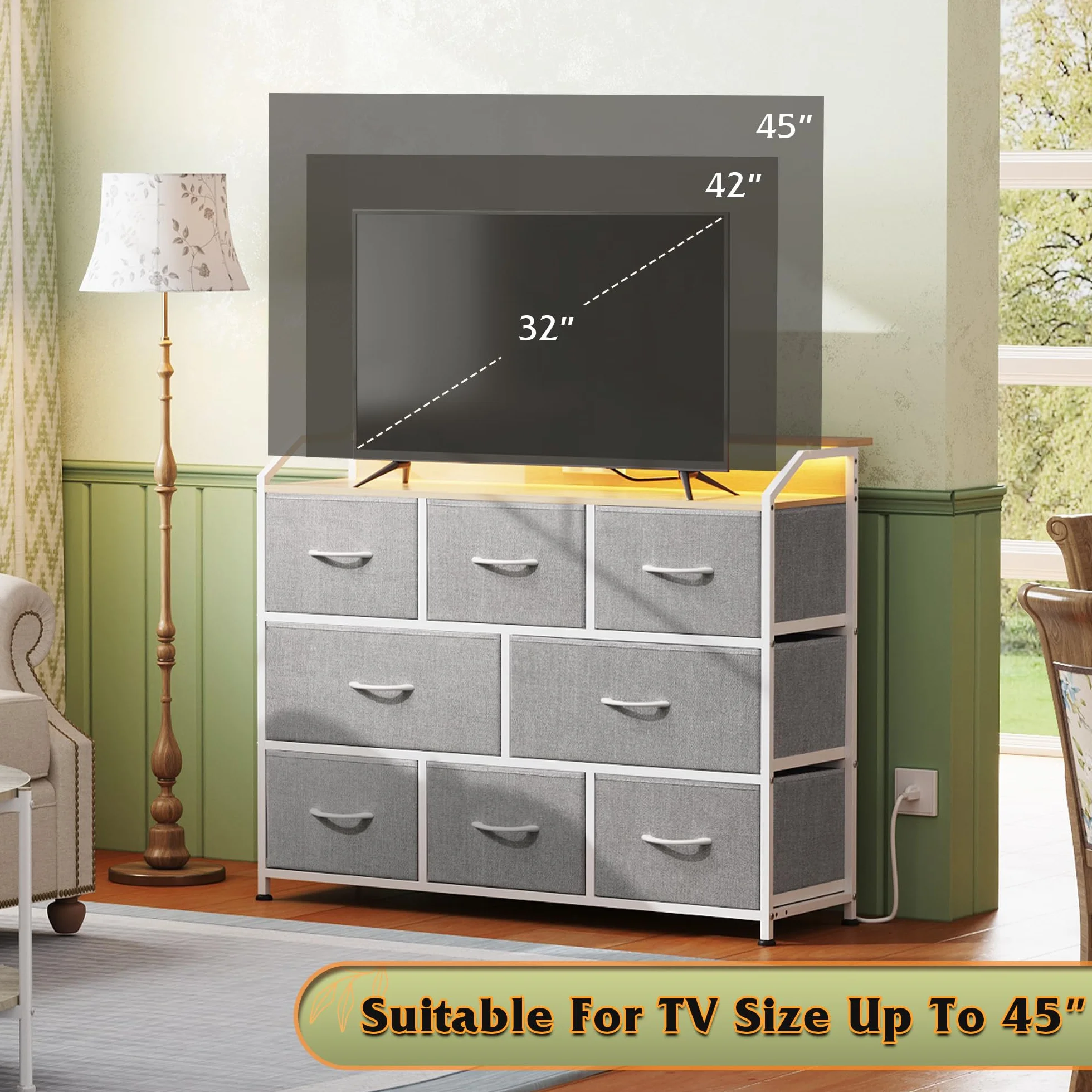 WLIVE Dresser for Bedroom, 8 Drawer LED Dresser with Outlet, Light Grey | 8 roomy fabric drawers, LED ambient lighting, Built-in power outlet, Bedroom or living room, Chest of drawers