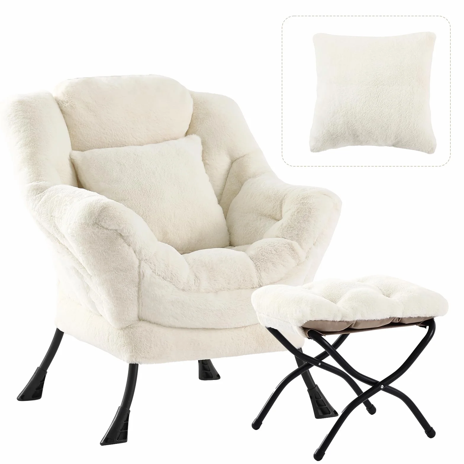 Lazy Chair with Ottoman, Plush Reading Chair with Pillow, Lvory | Removable machine-washable cover; includes an extra throw pillow; cozy accent chair for living room, bedroom, dorm or office
