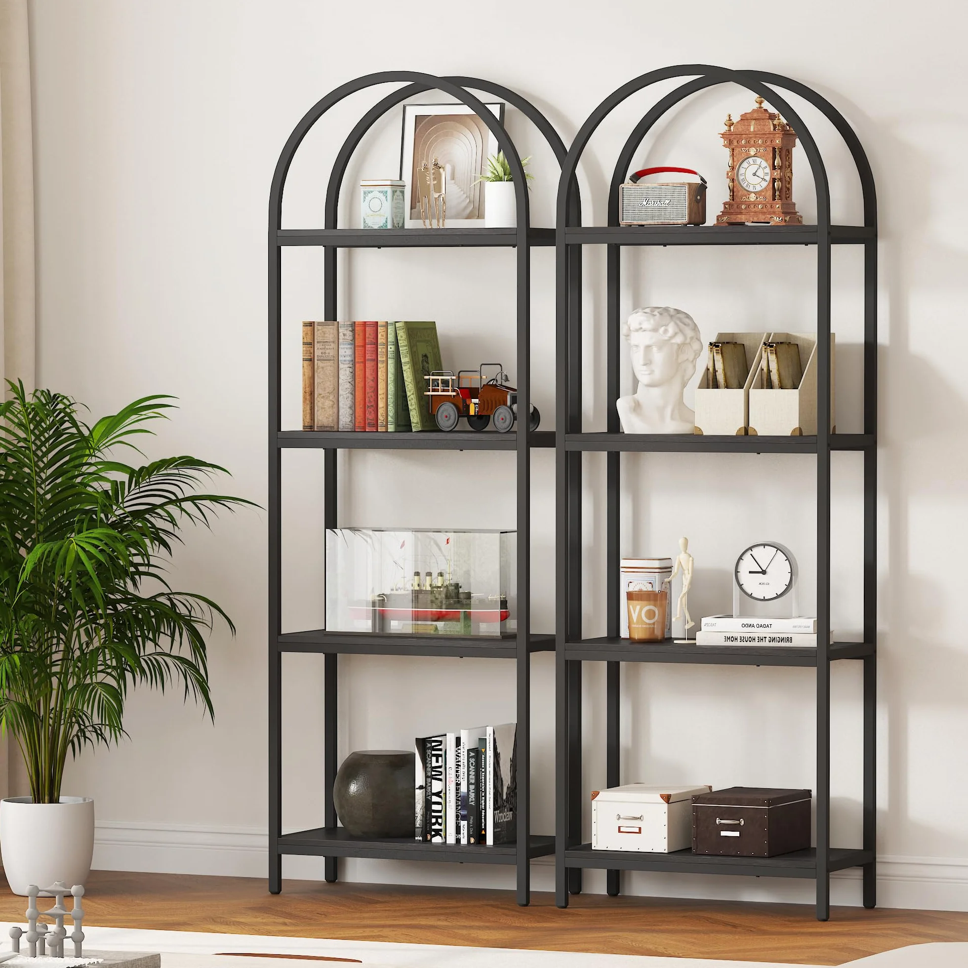 Yusong Bookshelf 4 Tier Arched Bookcase, 71.3" Tall Industrial Open Book Shelves for Living Room, Modern Freestanding Display Shelving Unit Storage Rack with Metal Frame, Office, Bedroom, Black