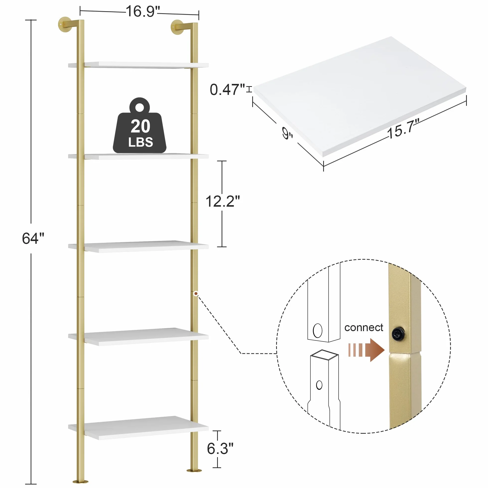 Acovy 5-Tier Bookshelf - Solid Wood Narrow Bookcase Set of 2, Wall Mount Ladder Shelf, Storage Rack for Living Room, Bedroom, Bathroom, White and Gold