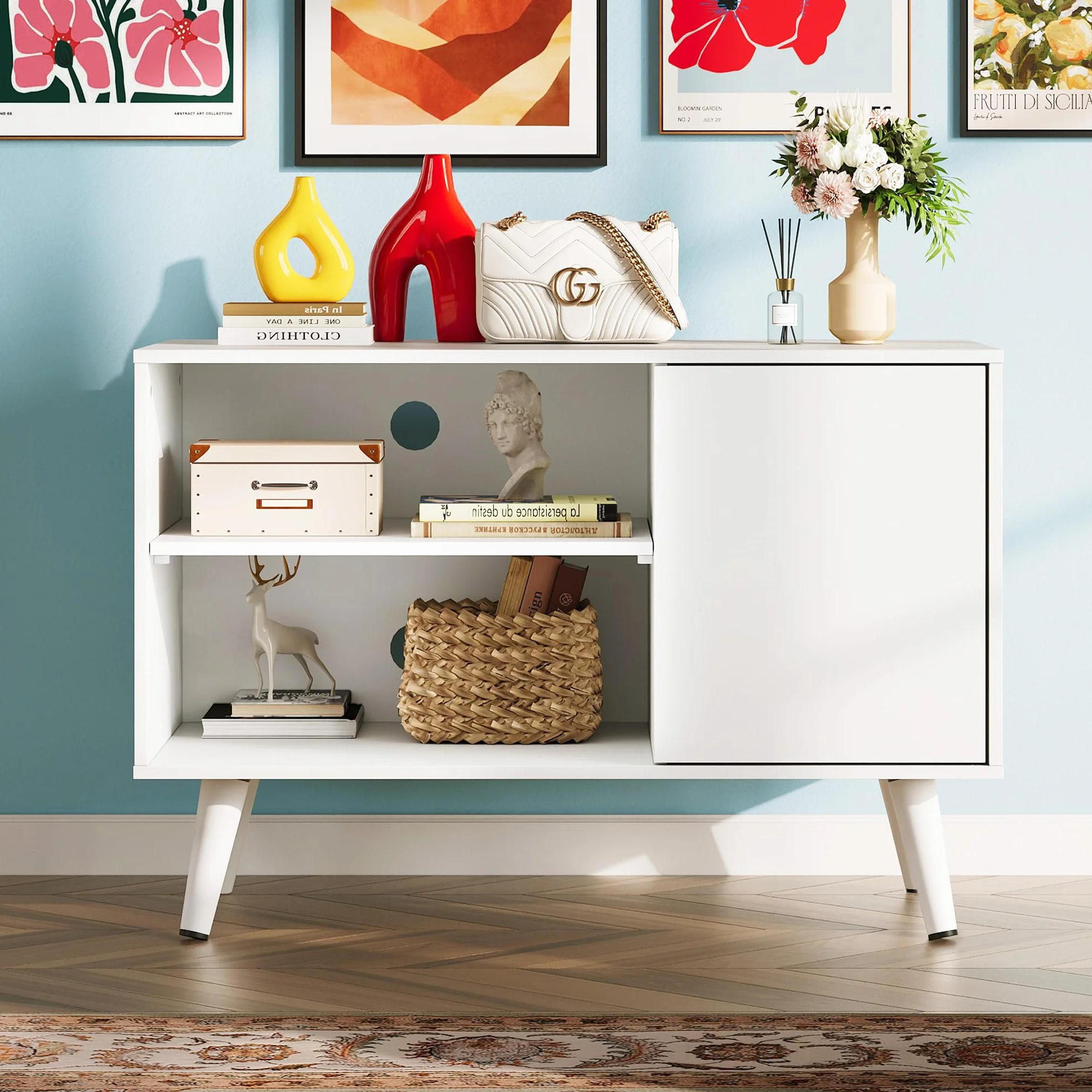 WLIVE TV Stand for 40 Inch TVs, Small Entertainment Center with Storage Cabinet, Mid-Century Modern TV Stands for Living Room and Bedroom, 32" TV Console, White