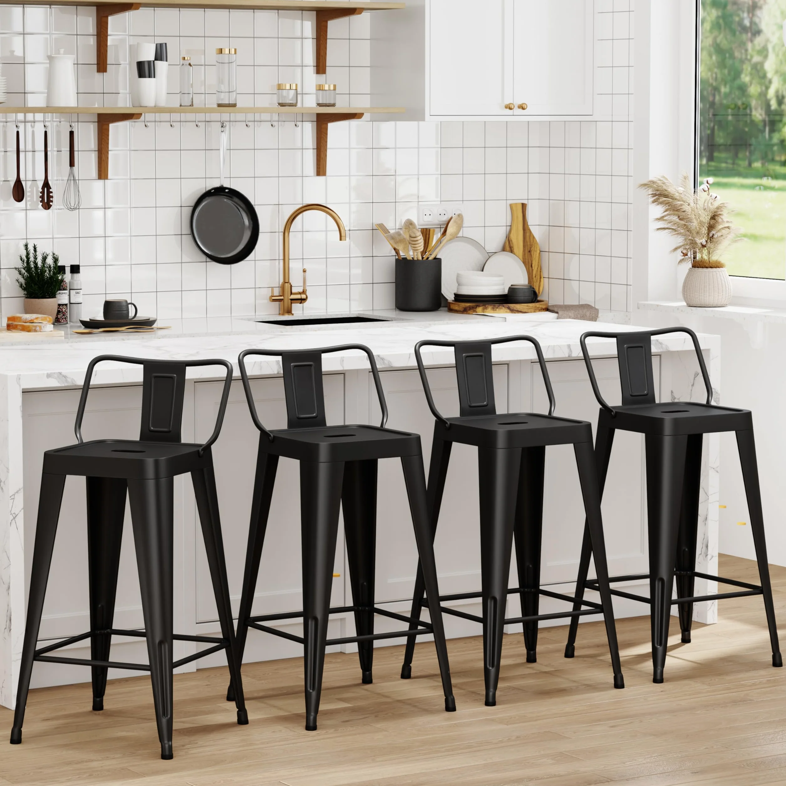 WENTMENT Metal Bar Stools Set of 4 Counter Height Black Barstools with Removable Back 24" Kitchen Bar Stools