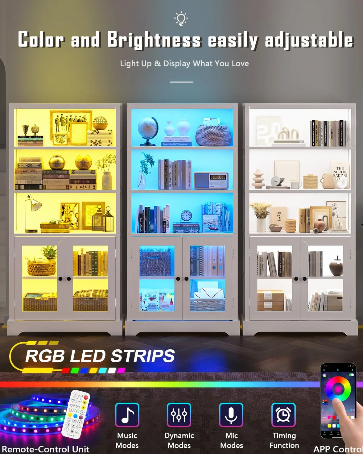 TVU 5-Tier Bookshelf, 65" Bookshelf with Multi-Color Ambient Lights (APP Remote Control), Tall Vertical Display Shelf with Cabinet Doors, Suitable for Living Room, Bedroom, Study, Office, White