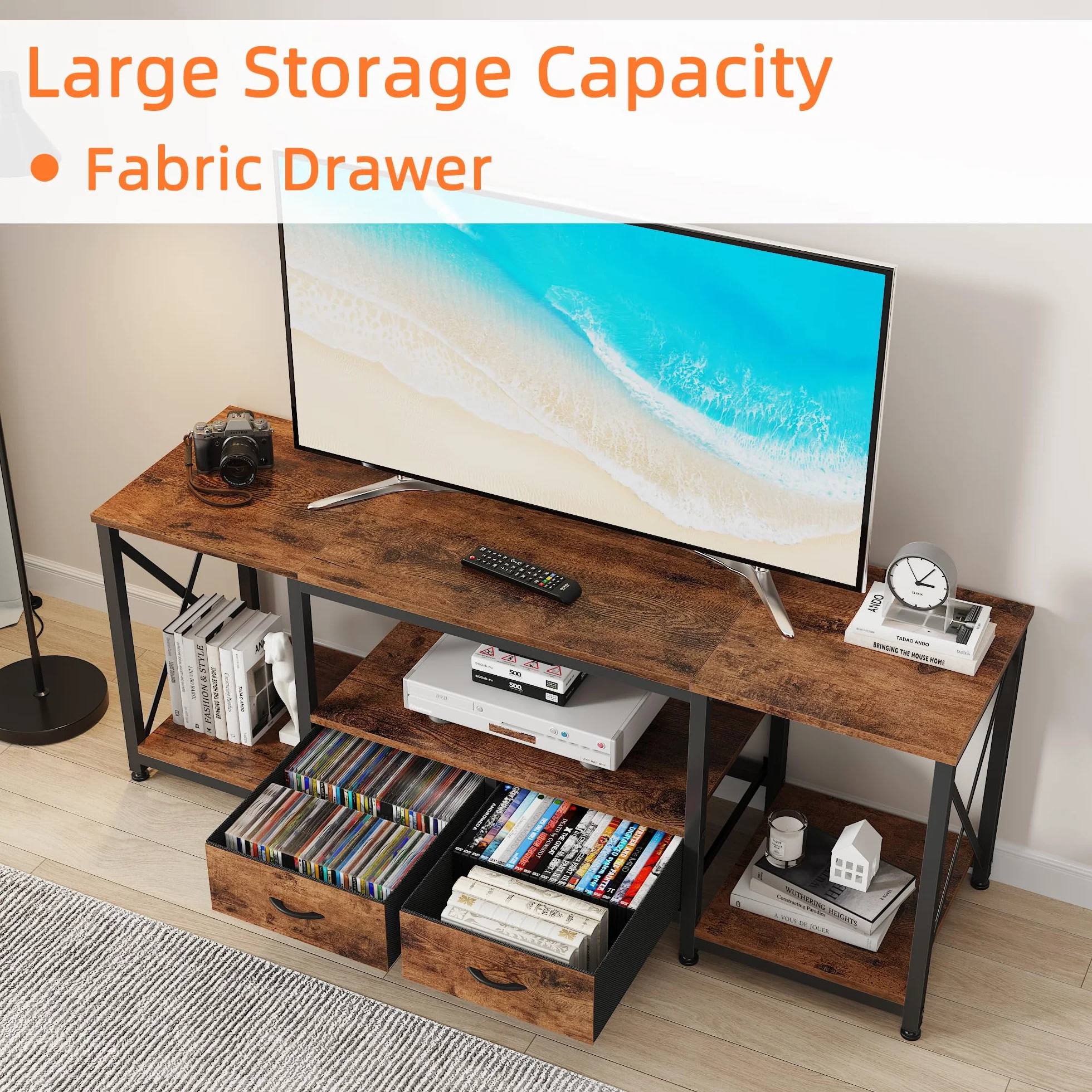 GYIIYUO TV Stand with Fabric Drawer - Entertainment Center and Industrial TV Console Table with Open Storage Shelves for Living Room, Bedroom - 55.1" Rustic Brown