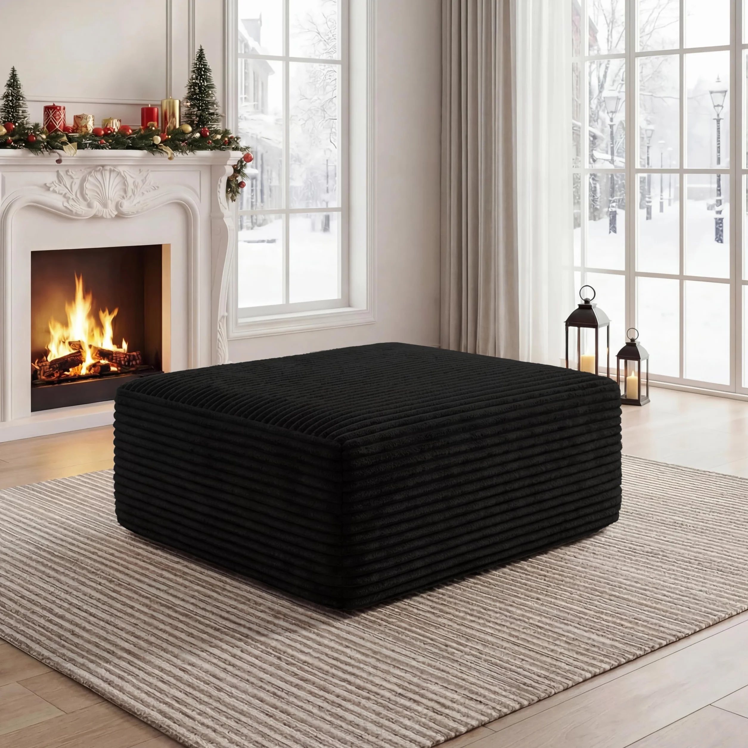 Corduroy Ottoman, Modern Boneless Cloud Foot Rest Foam Support, Oversized Modular Sectional Sofa Stool for Living Room, Bedroom & Small Spaces, No Assembly Required (Black, Ottoman)