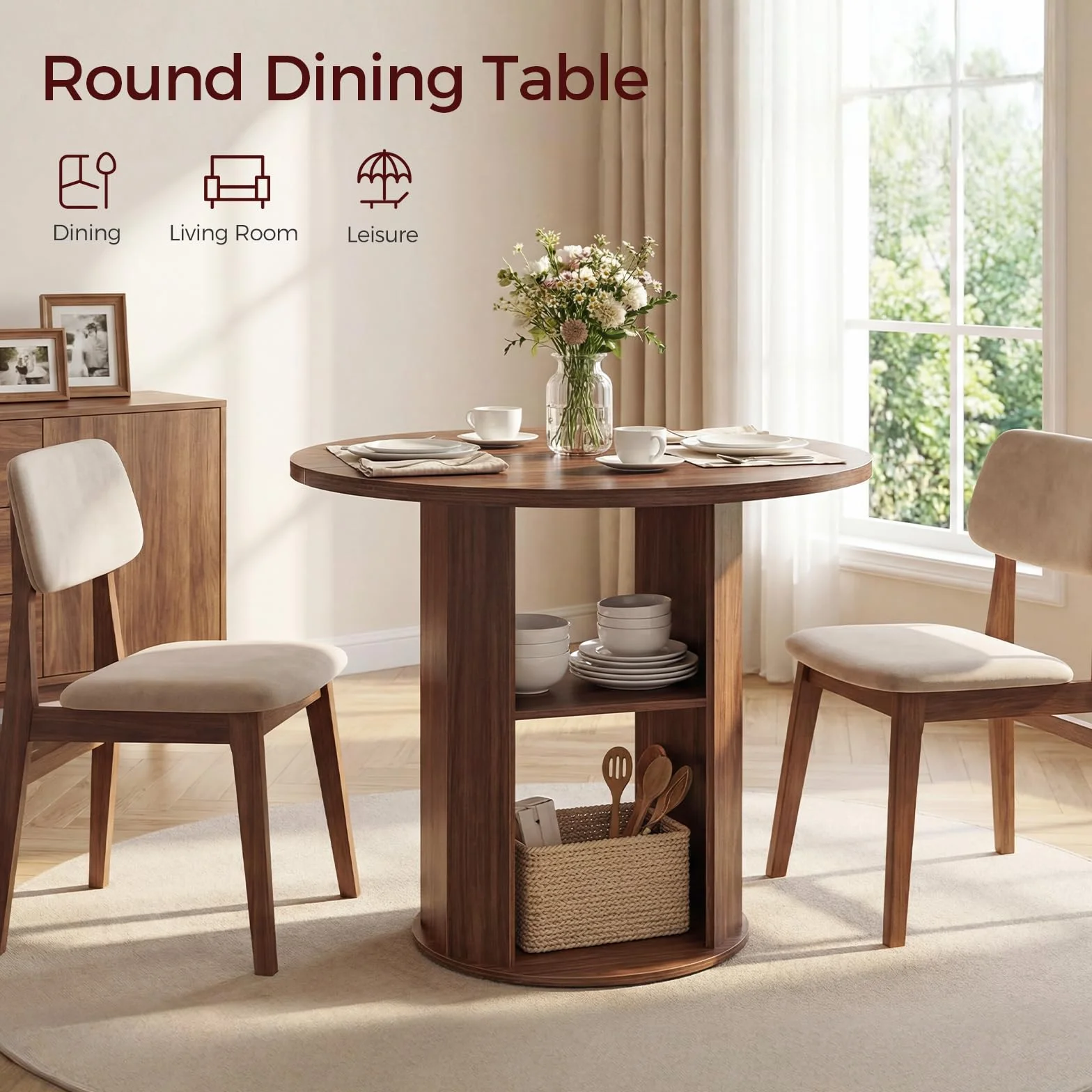 MAHANCRIS 31.5" Round Dining Table with Storage Shelf for 2-3, Circle Kitchen Dinner Table with Thick Tabletop, for Small Spaces, Circle Nook Table for Kitchen & Dining Room, Walnut DTWA8501