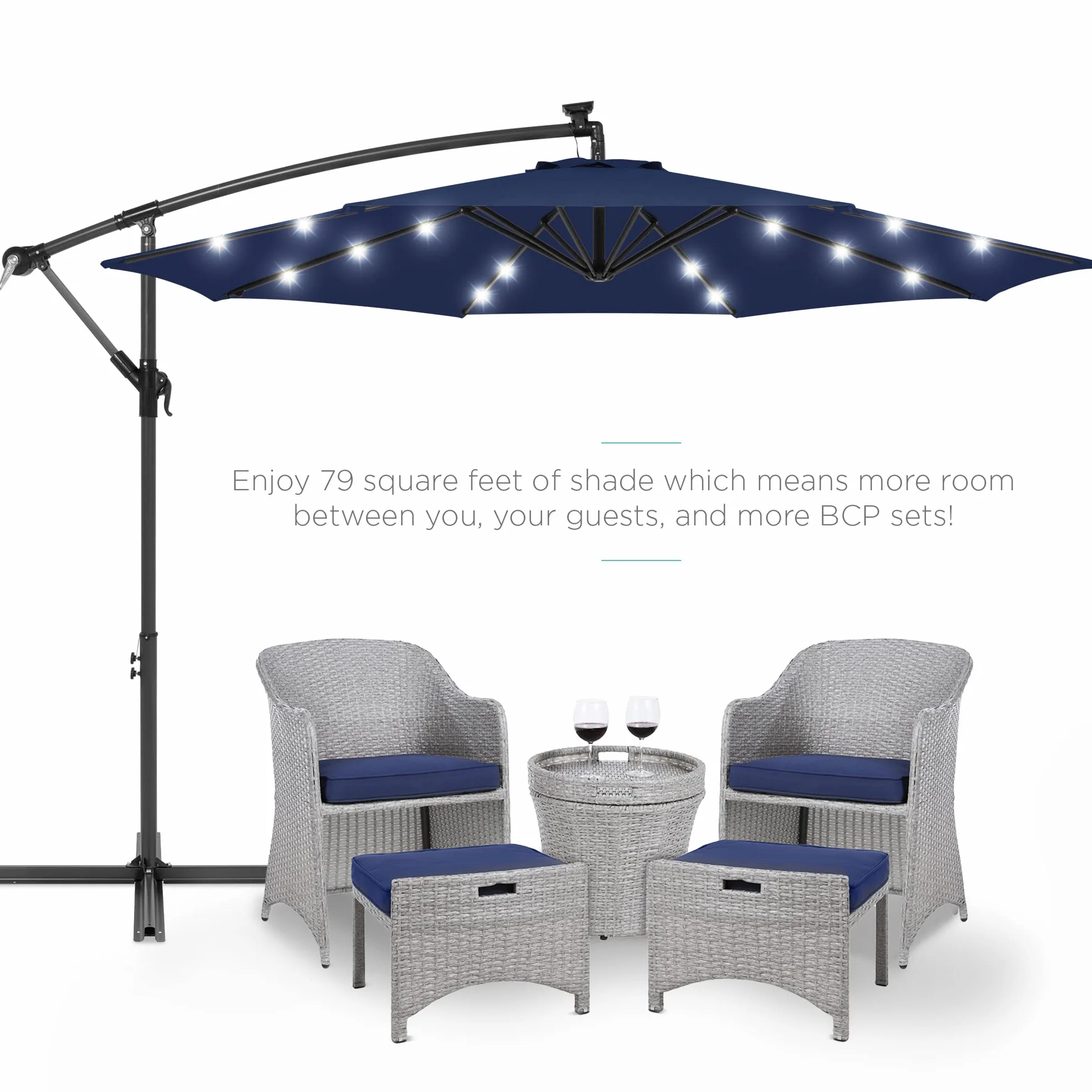 Best Choice Products 10ft Solar LED Offset Cantilever Hanging Market Patio Umbrella, 8 Sturdy Ribs, Easy Adjustment - Navy Blue