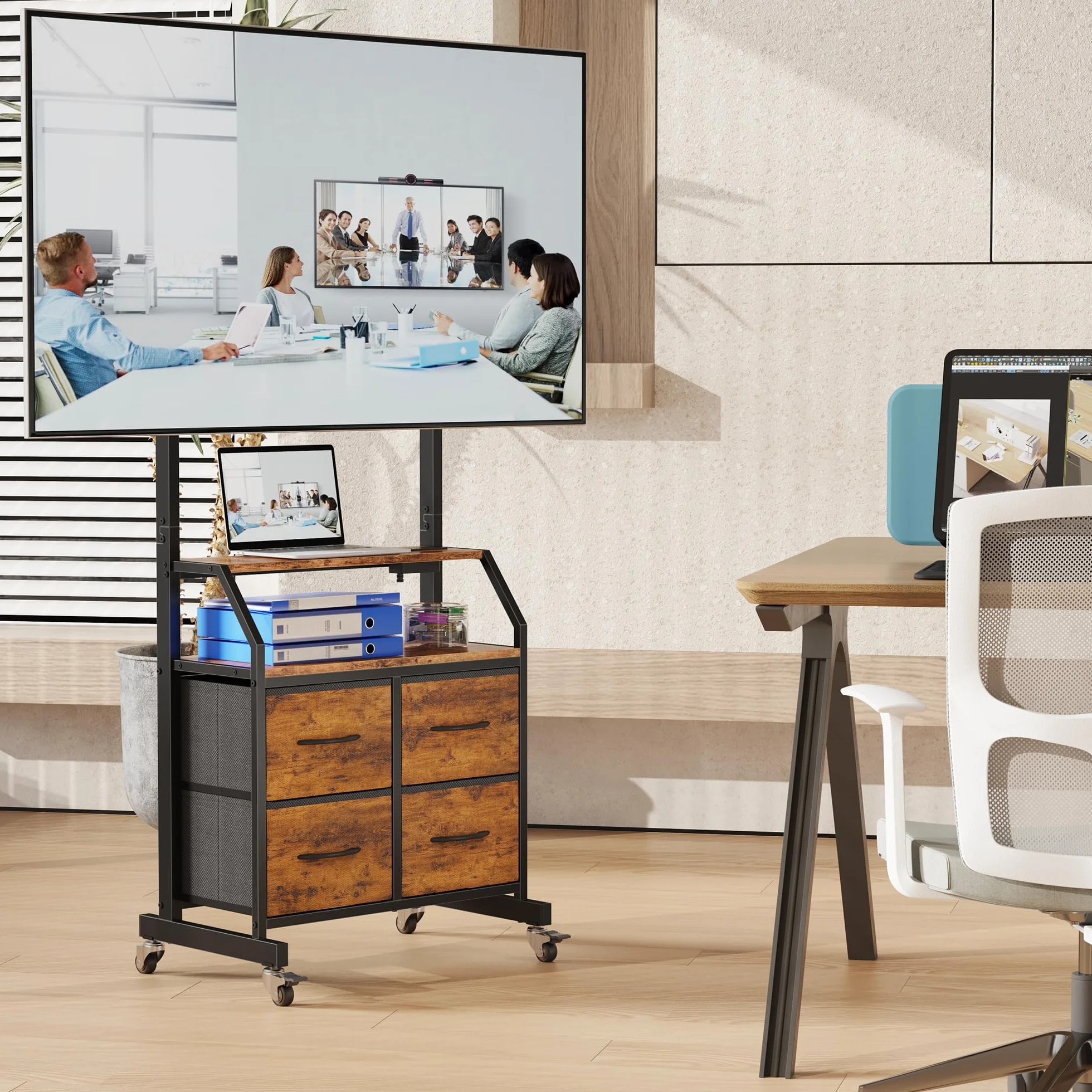 GYIIYUO Rolling TV Stand with Mount & 4 Fabric Drawers for 32-75 inch TVs | Holds up to 145 lbs with lockable rolling wheels, built-in 2 AC outlets and USB charging, great for apartments and bedrooms